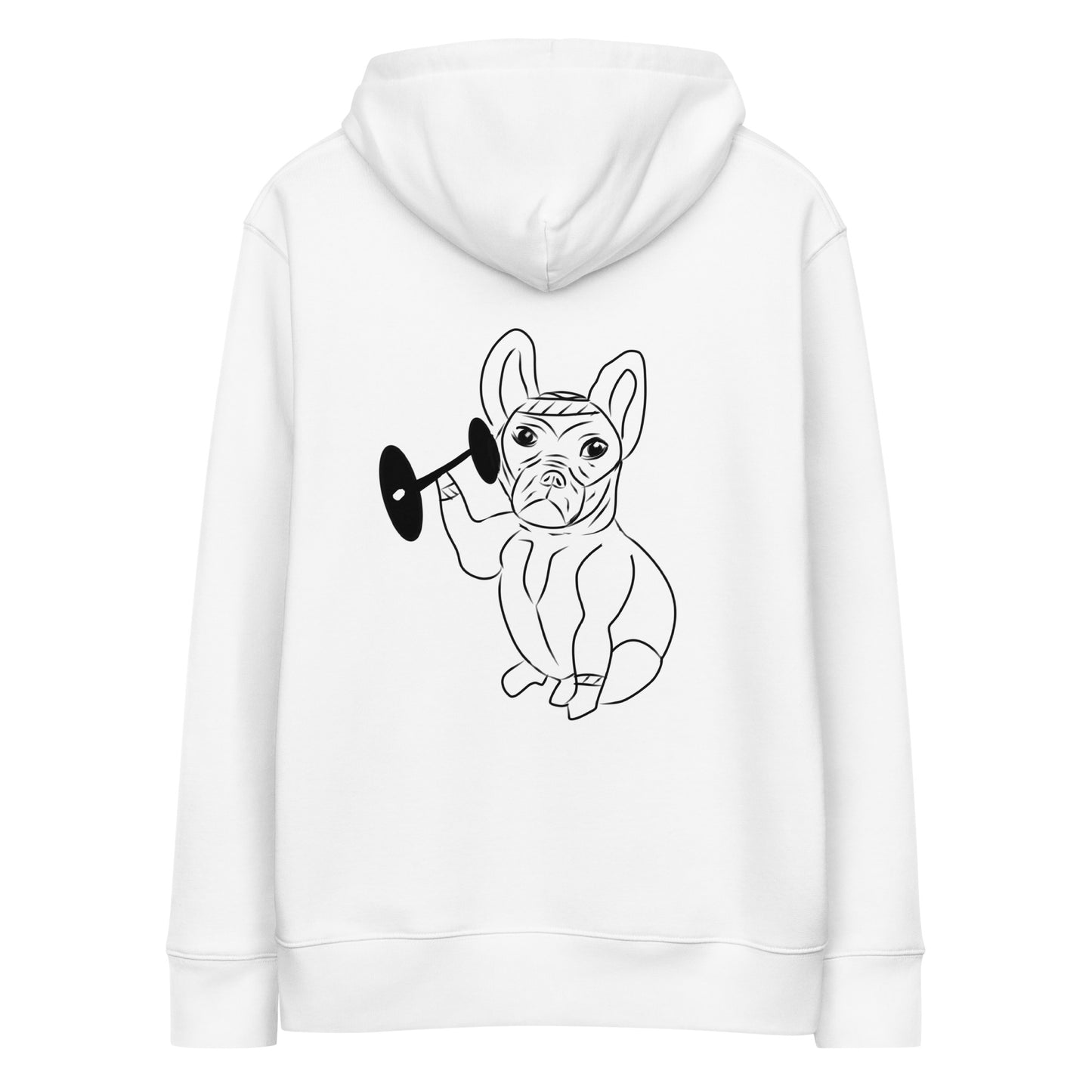 French Bulldog Weight Lifter | Sustainable Hoodie in white back view