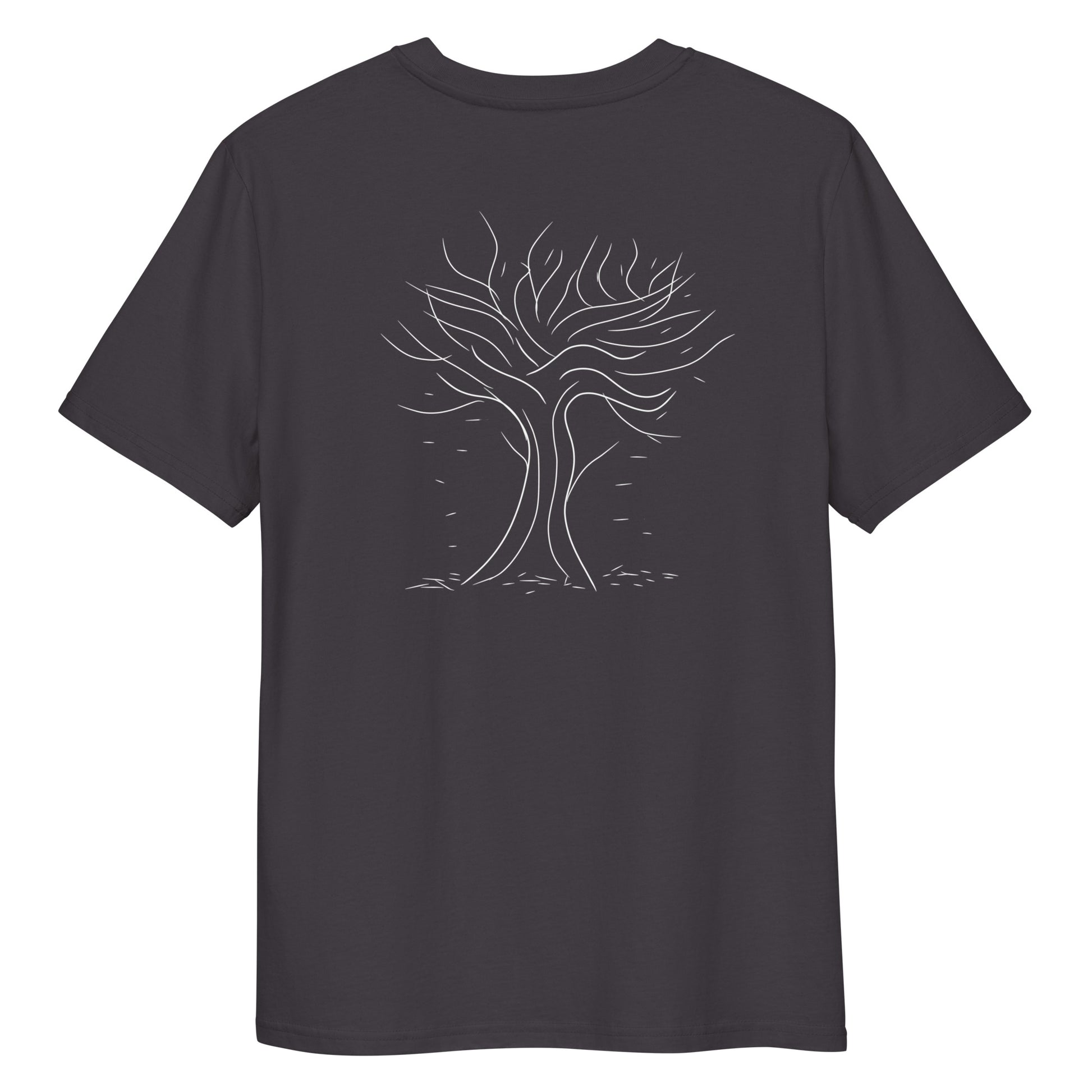 Autumn White Tree Trance | 100% Organic Cotton T Shirt in dark grey back