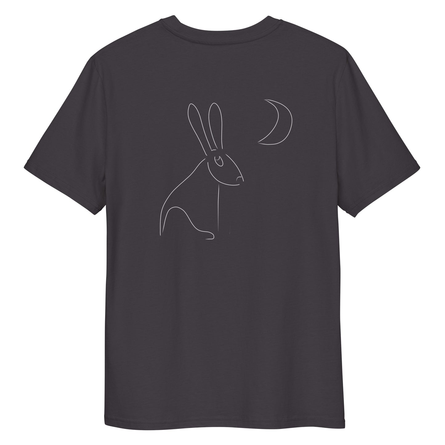 White Hare Stares at Moon | 100% Organic Cotton T Shirt in dark grey back