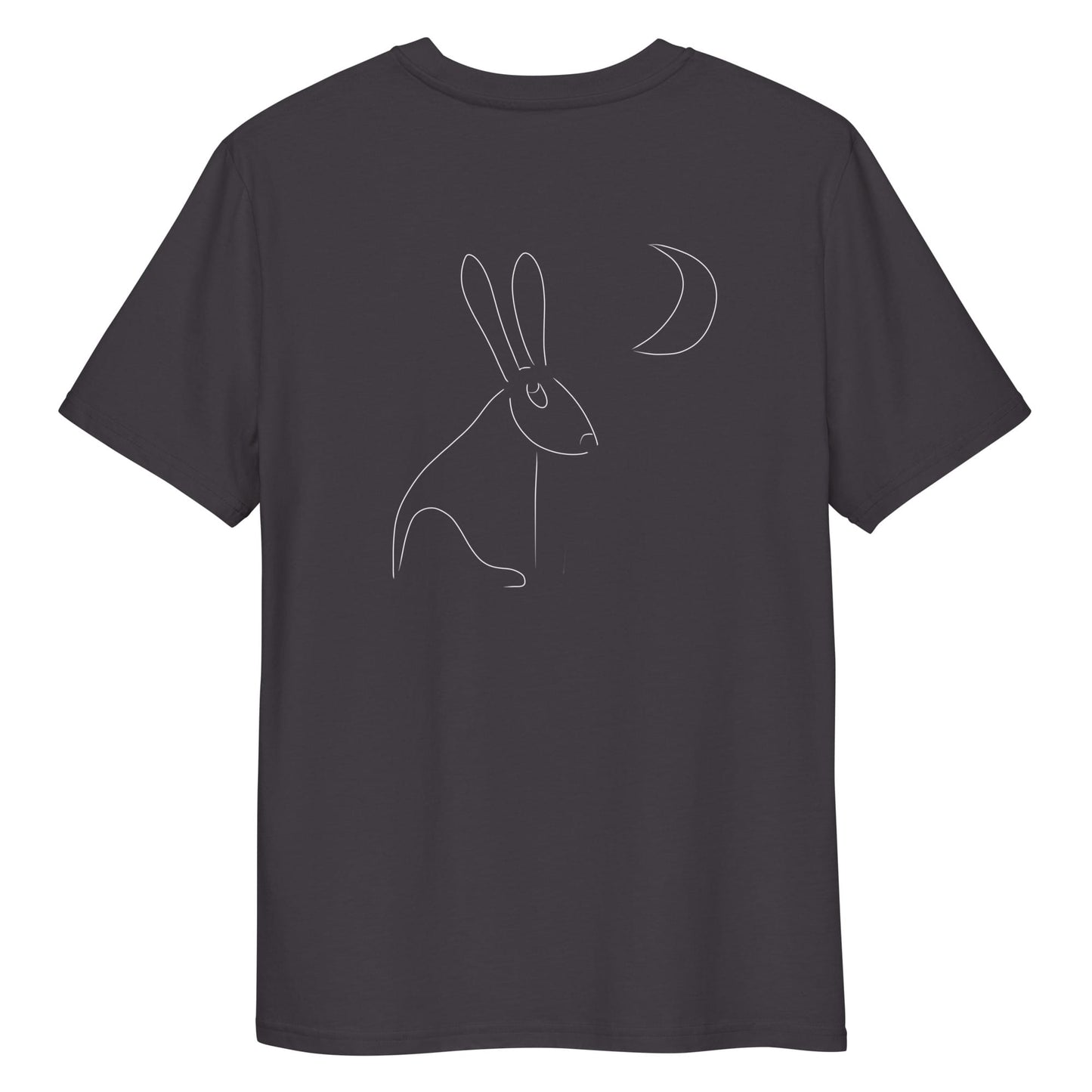 White Hare Stares at Moon | 100% Organic Cotton T Shirt in dark grey back