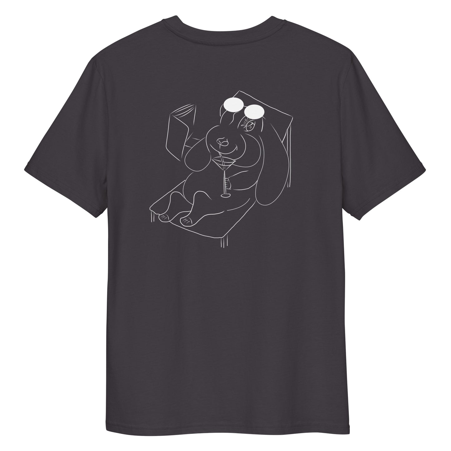 White Bunny Hop and Sip | 100% Organic Cotton T Shirt in dark grey back view