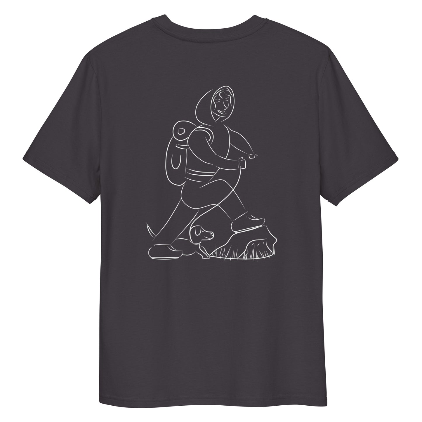 Woman and Dog Hiking White | 100% Organic Cotton T Shirt in anthracite back
