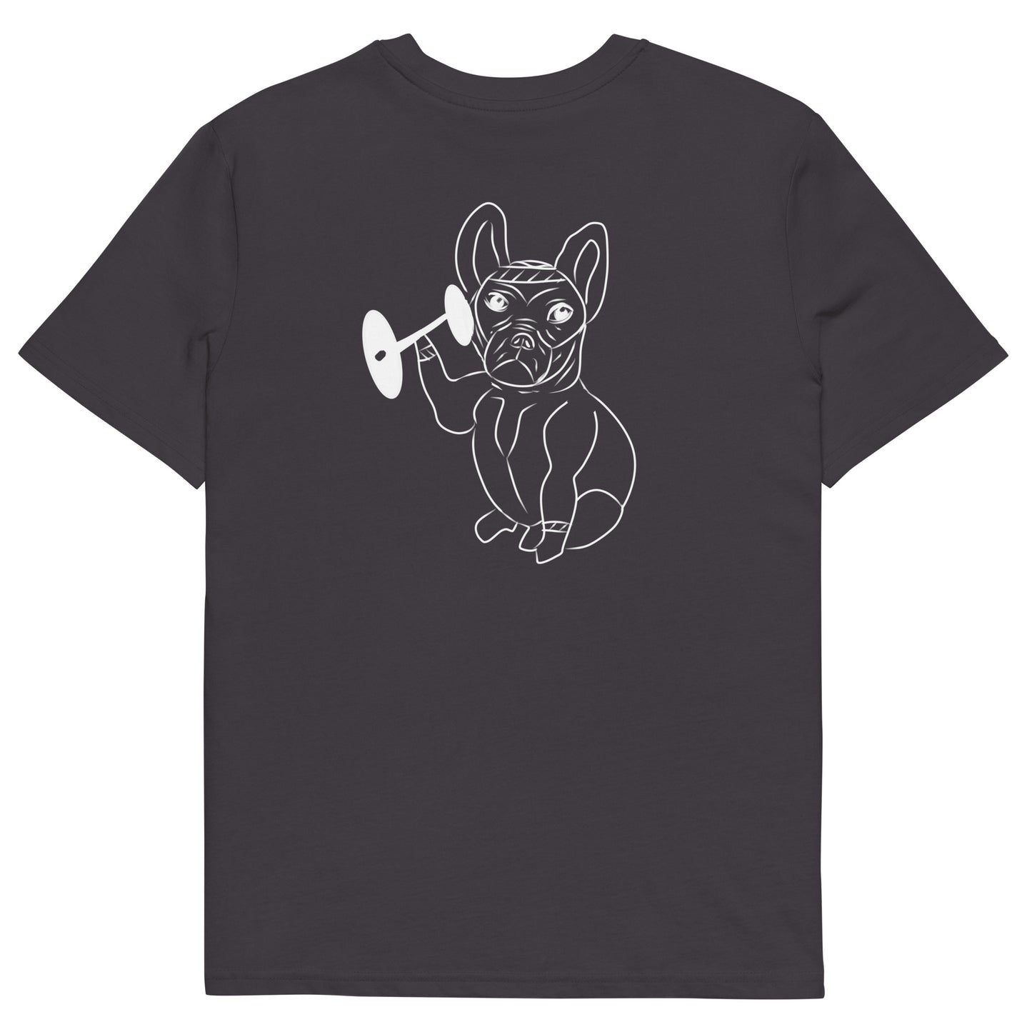 White French Bulldog Weight Lifter | 100% Organic Cotton T Shirt in anthracite back view