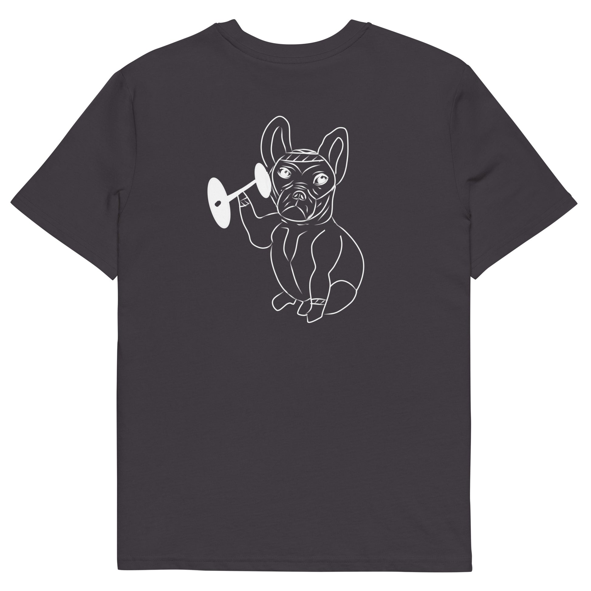 White French Bulldog Weight Lifter | 100% Organic Cotton T Shirt in anthracite back view