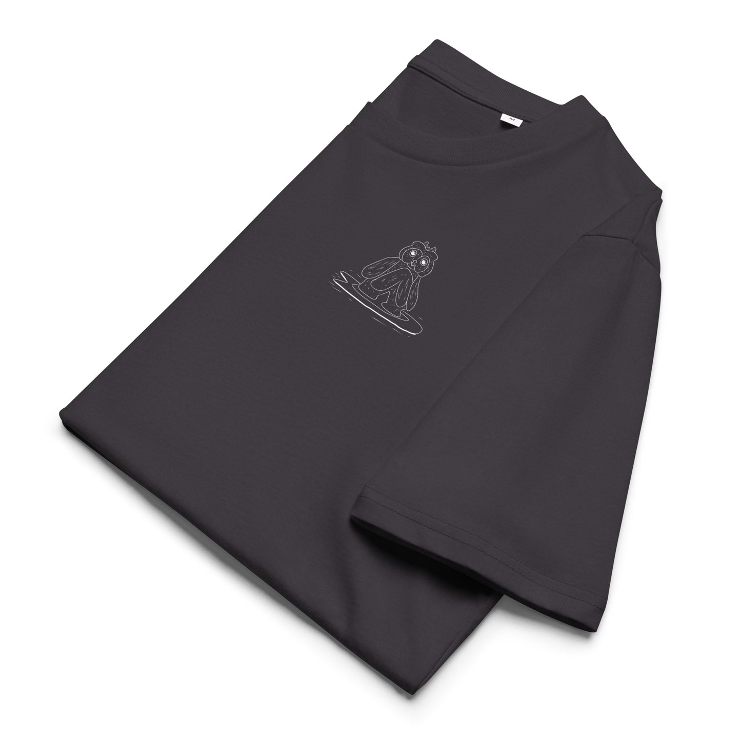 Surfing Owl White Line | 100% Organic Cotton T Shirt in anthracite folded