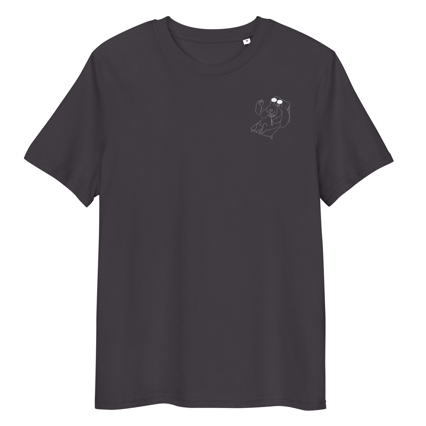 White Bunny Hop and Sip | 100% Organic Cotton T Shirt in dark grey front view