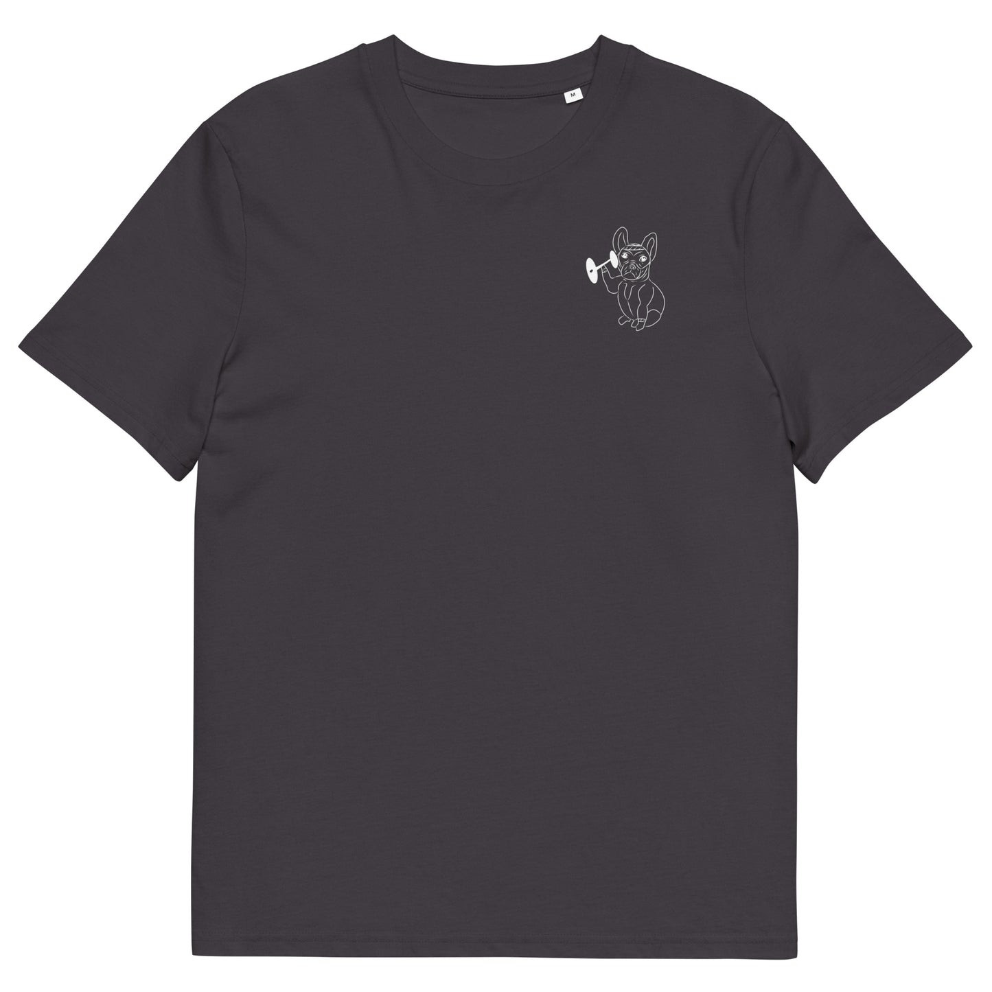 White French Bulldog Weight Lifter | 100% Organic Cotton T Shirt in anthracite front view