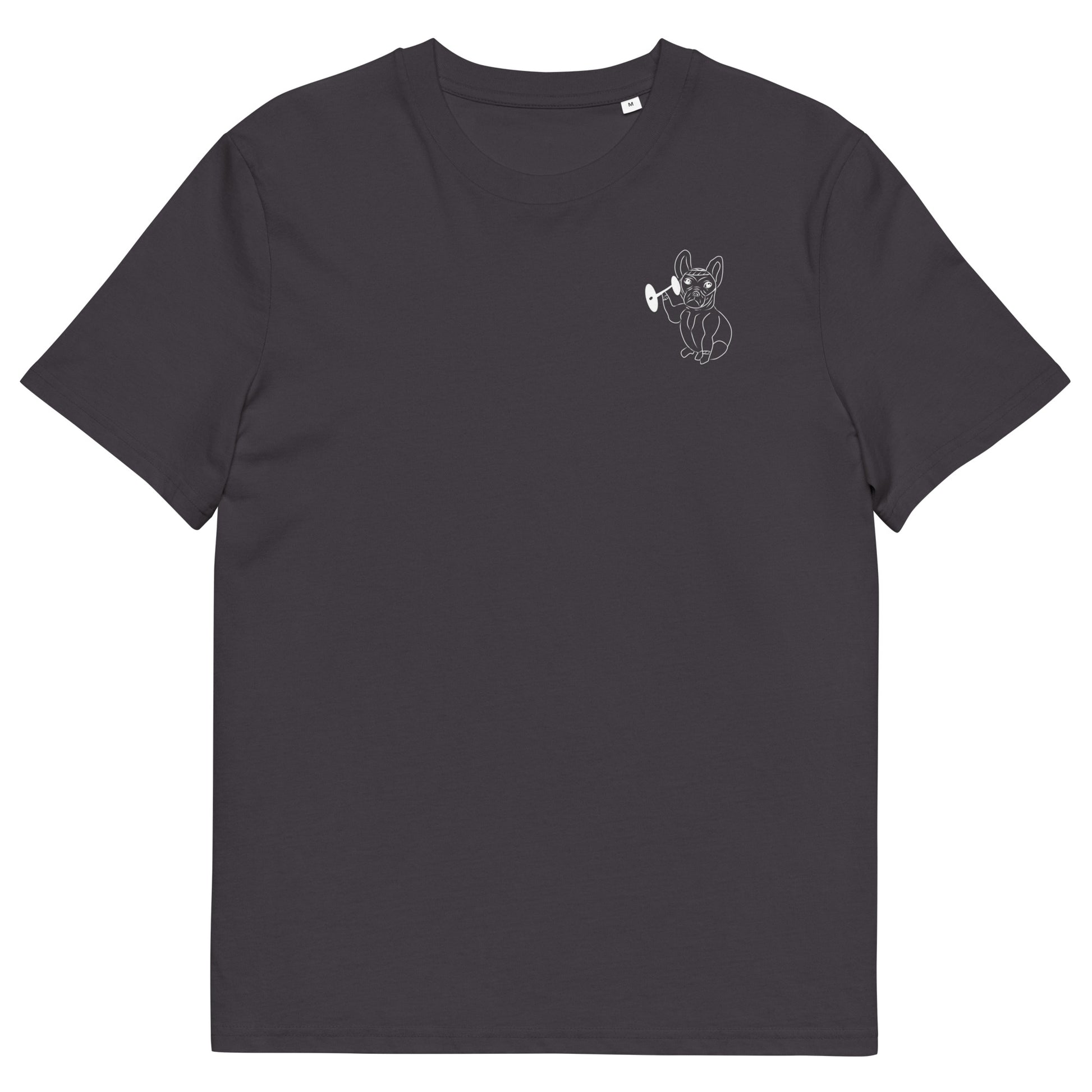 White French Bulldog Weight Lifter | 100% Organic Cotton T Shirt in anthracite front view