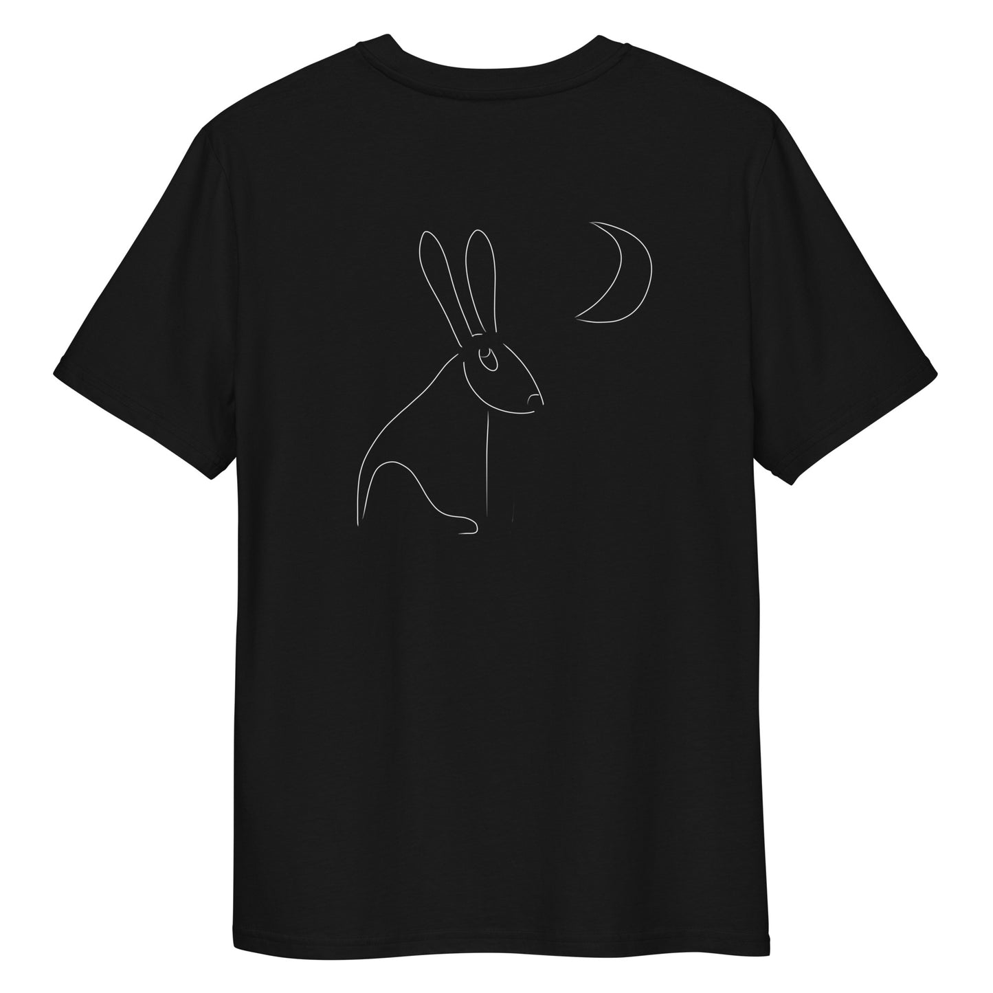 White Hare Stares at Moon | 100% Organic Cotton T Shirt in black back view