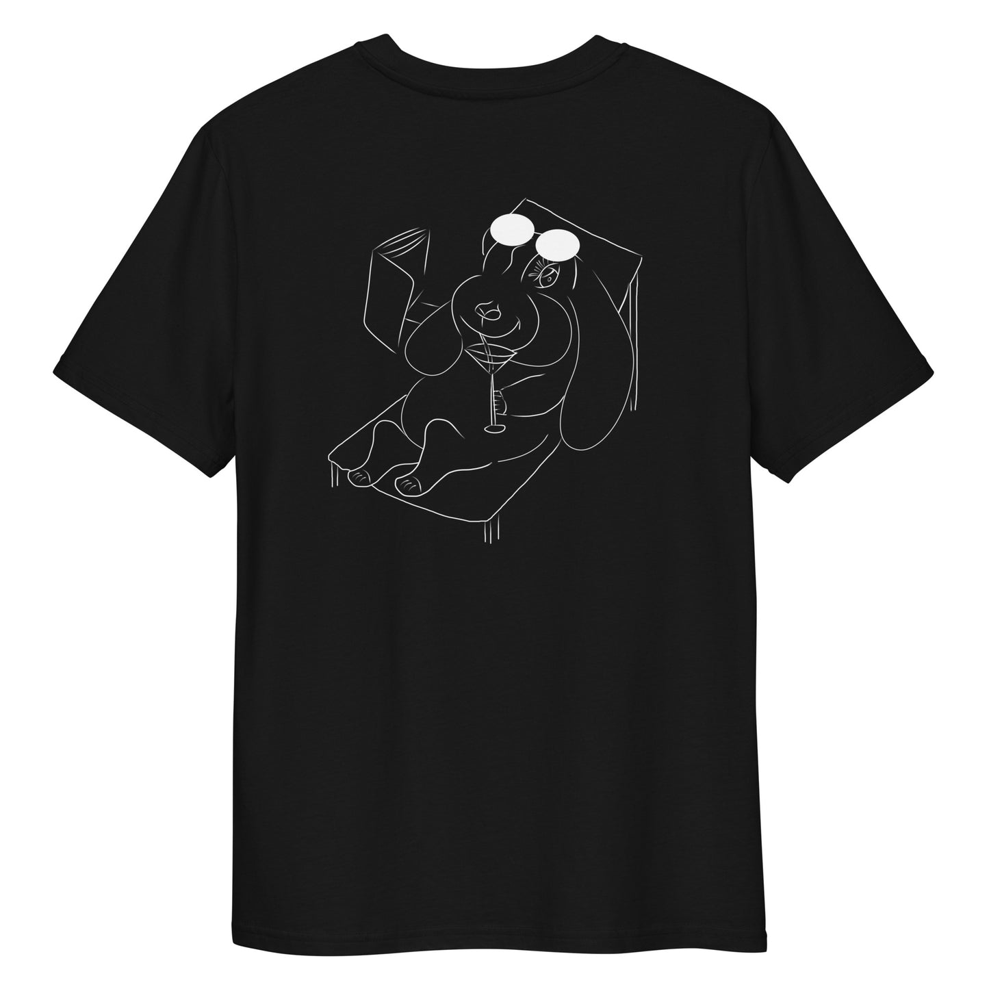 White Bunny Hop and Sip | 100% Organic Cotton T Shirt in black back view