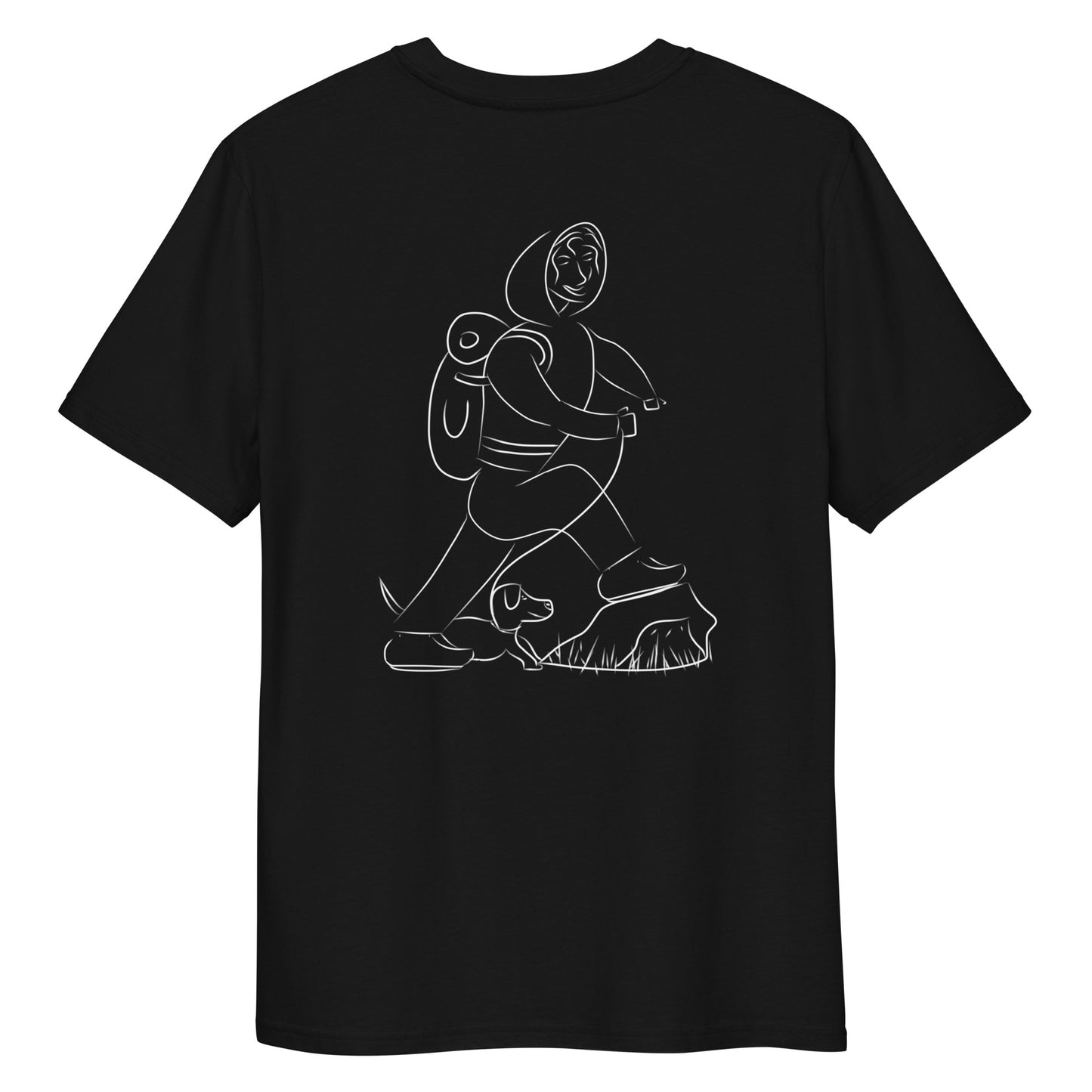Woman and Dog Hiking White | 100% Organic Cotton T Shirt black back