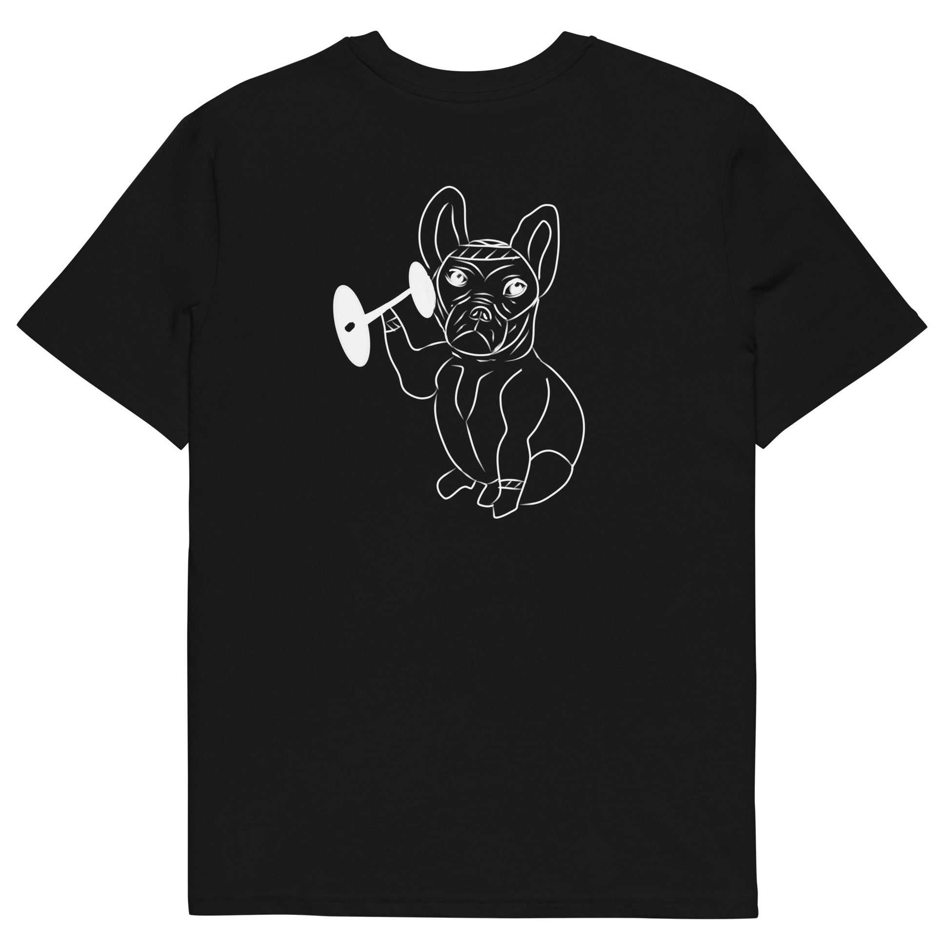 White French Bulldog Weight Lifter | 100% Organic Cotton T Shirt in black back view
