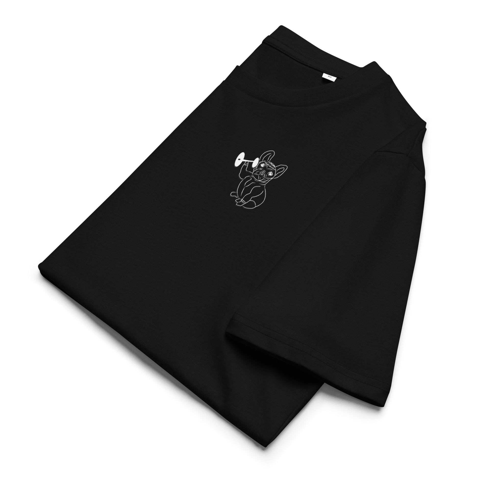 White French Bulldog Weight Lifter | 100% Organic Cotton T Shirt in black folded