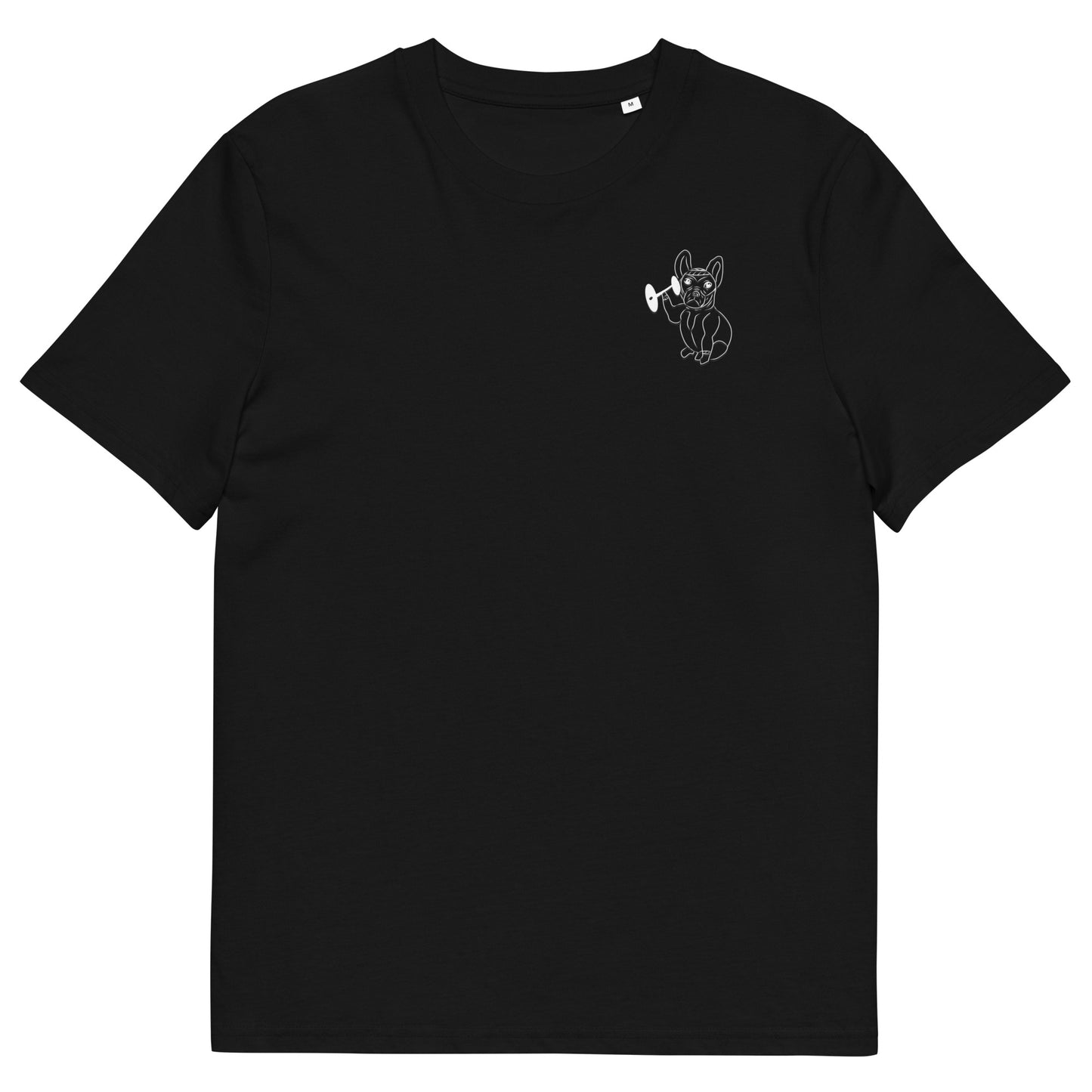 White French Bulldog Weight Lifter | 100% Organic Cotton T Shirt in black front view