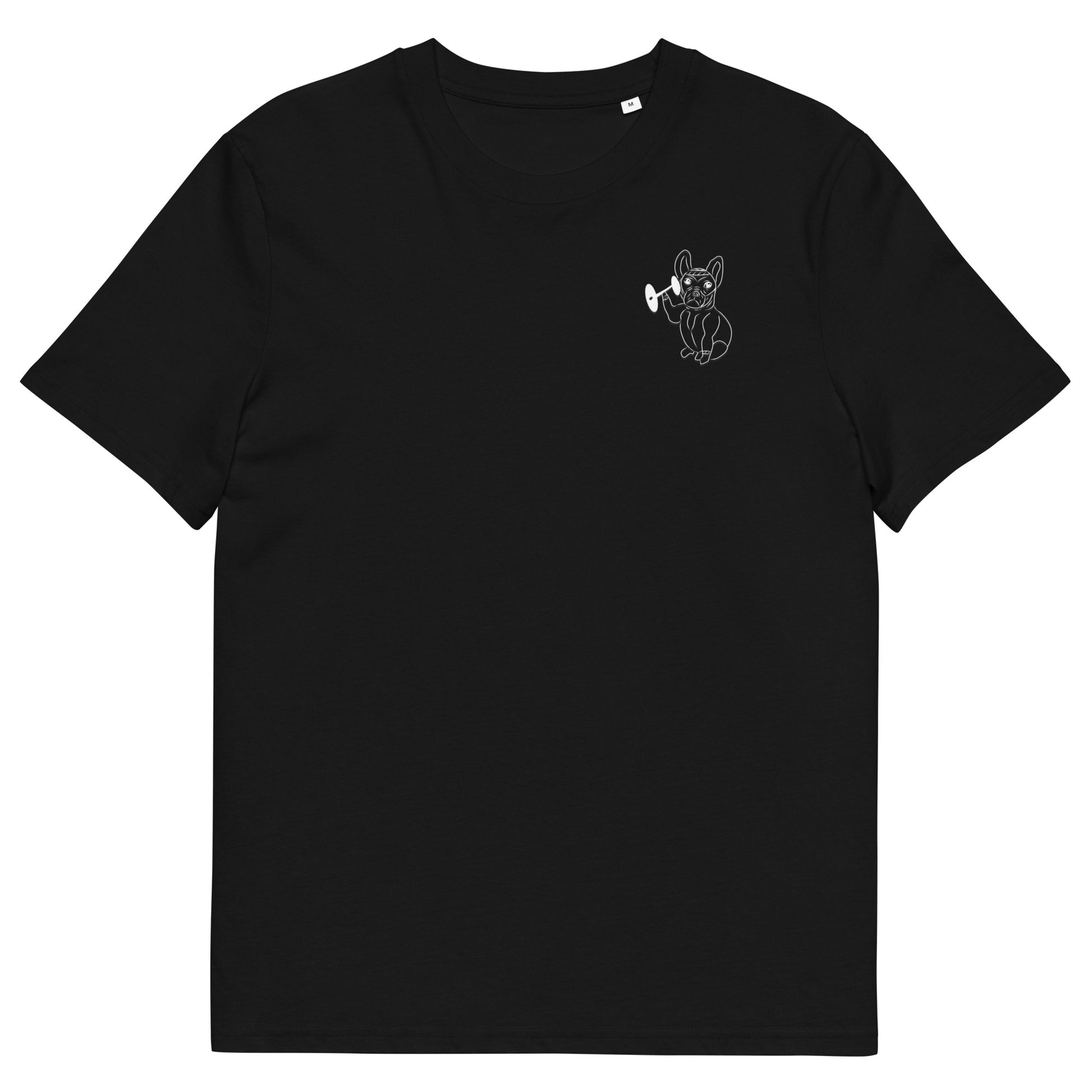 White French Bulldog Weight Lifter | 100% Organic Cotton T Shirt in black front view