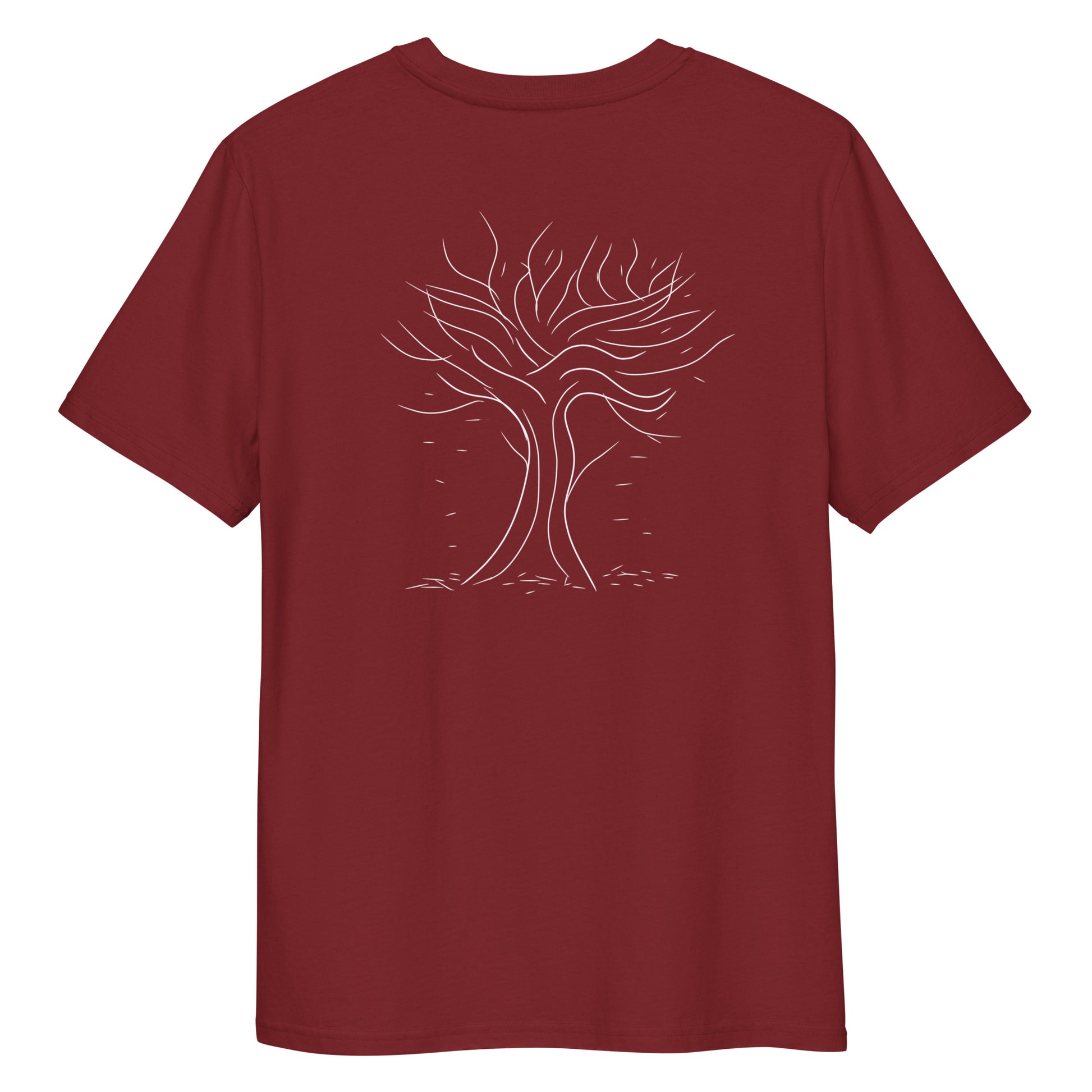 Autumn White Tree Trance | 100% Organic Cotton T Shirt in burgundy back