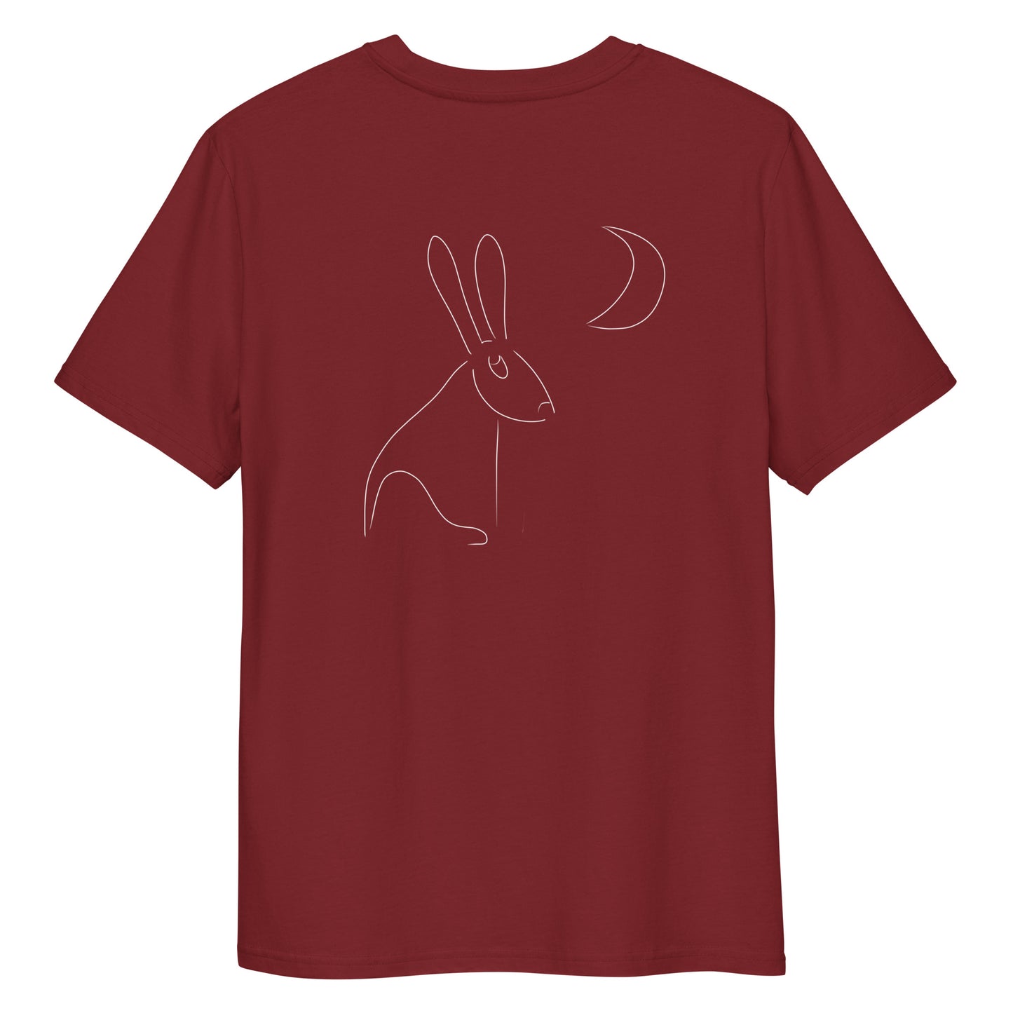 White Hare Stares at Moon | 100% Organic Cotton T Shirt in burgundy back