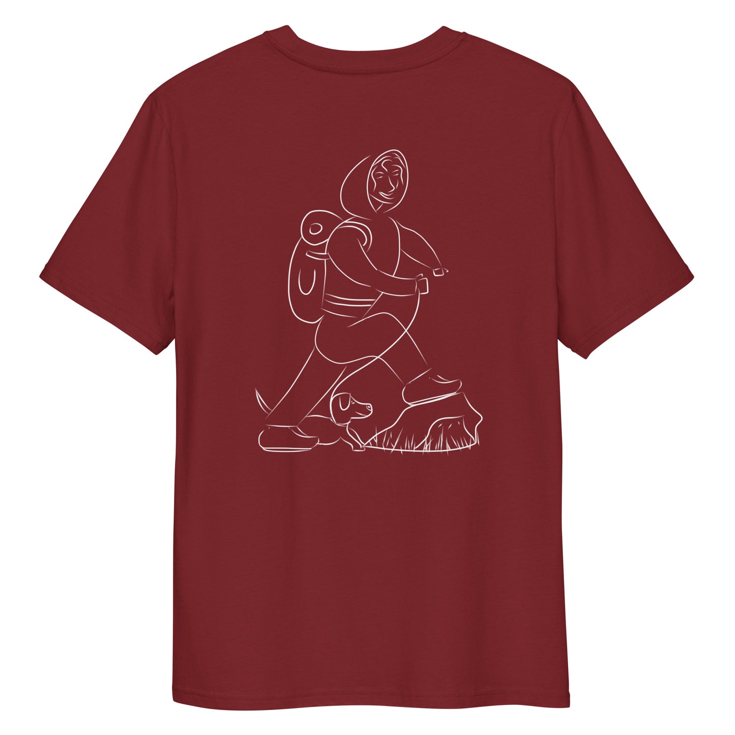 Woman and Dog Hiking White | 100% Organic Cotton T Shirt in burgundy back