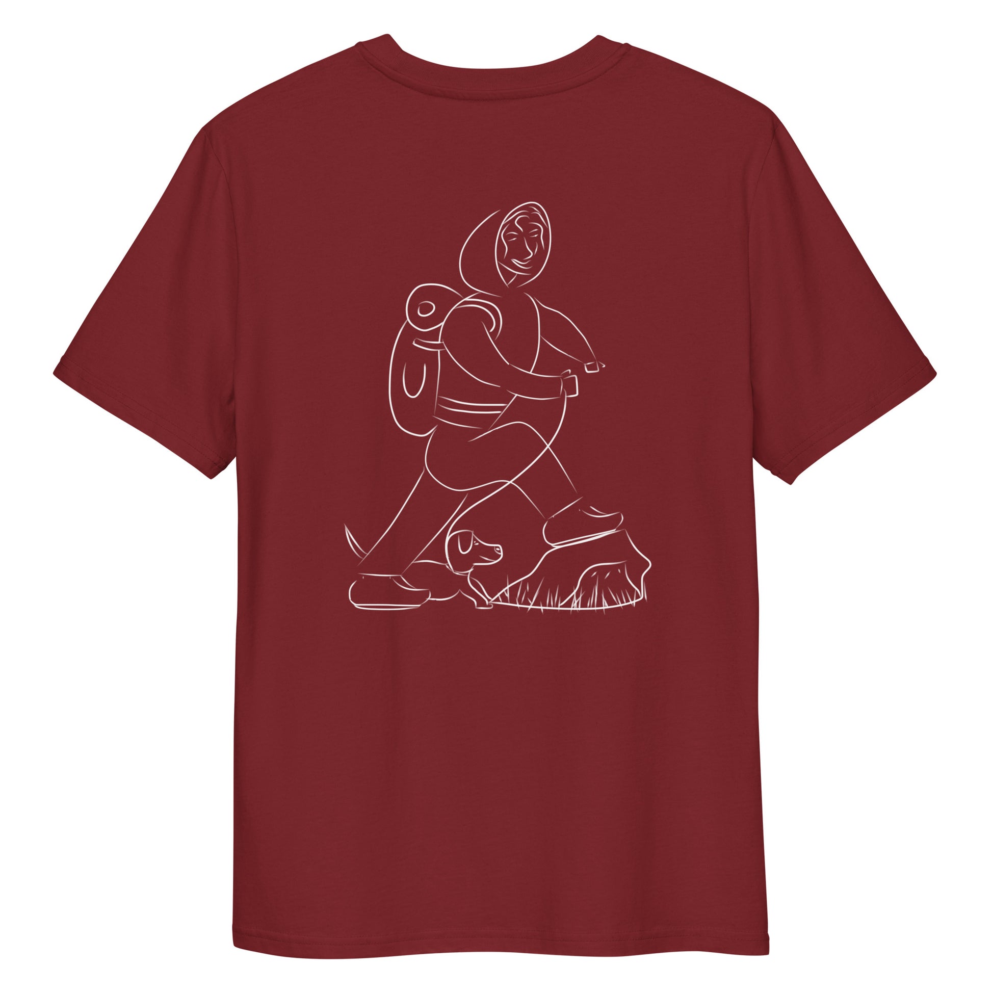 Woman and Dog Hiking White | 100% Organic Cotton T Shirt in burgundy back