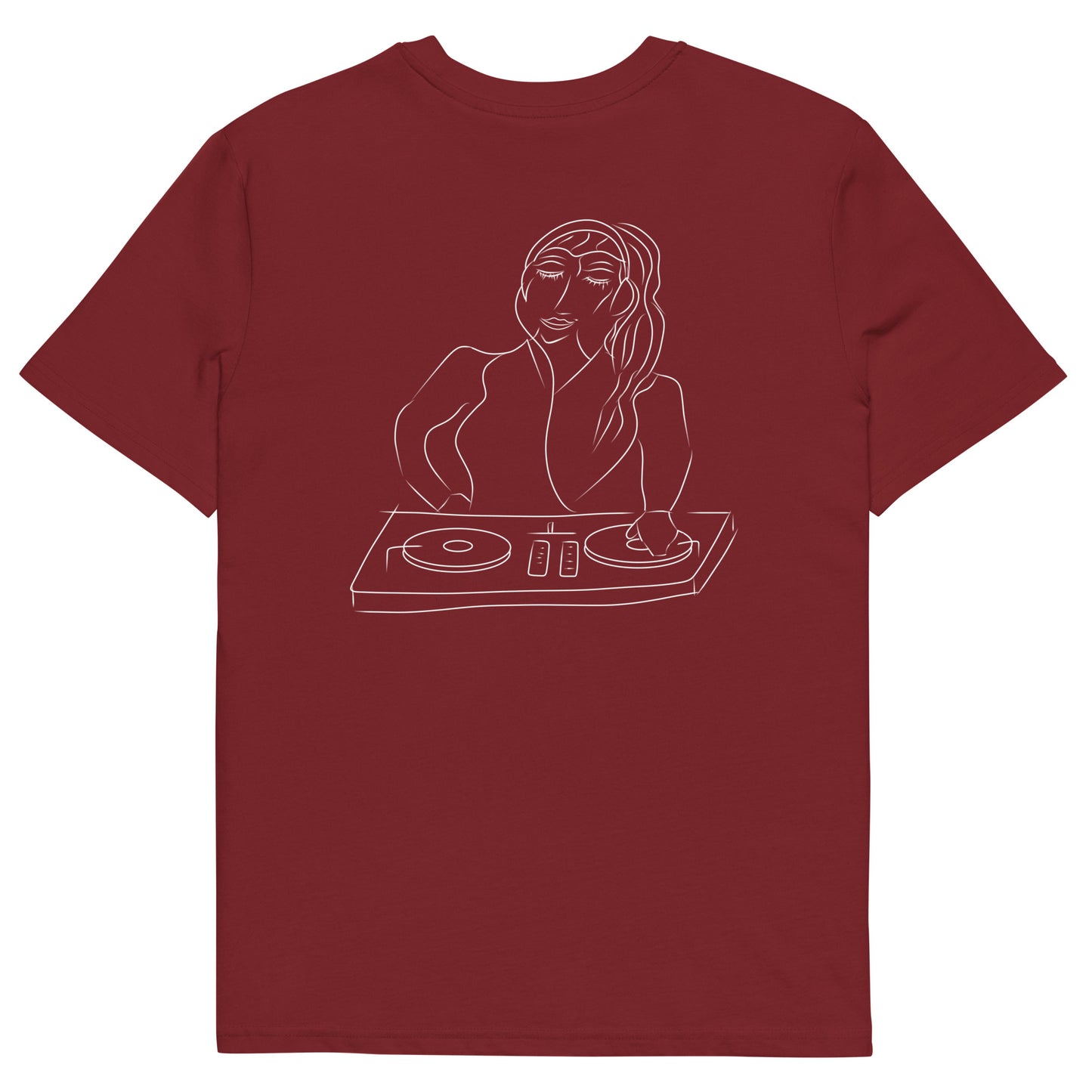 Woman DJ White | 100% Organic Cotton T Shirt in burgundy back view