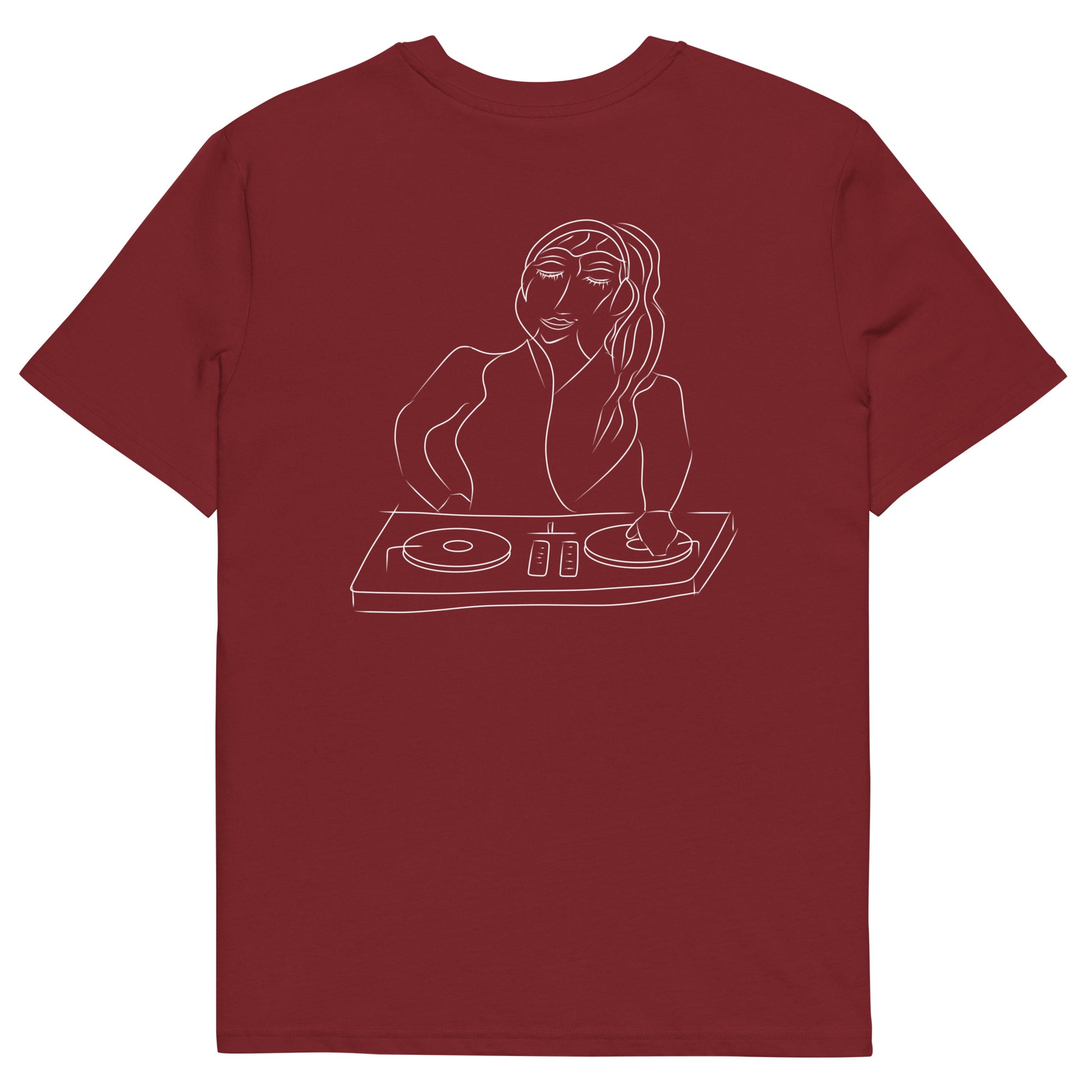 Woman DJ White | 100% Organic Cotton T Shirt in burgundy back view