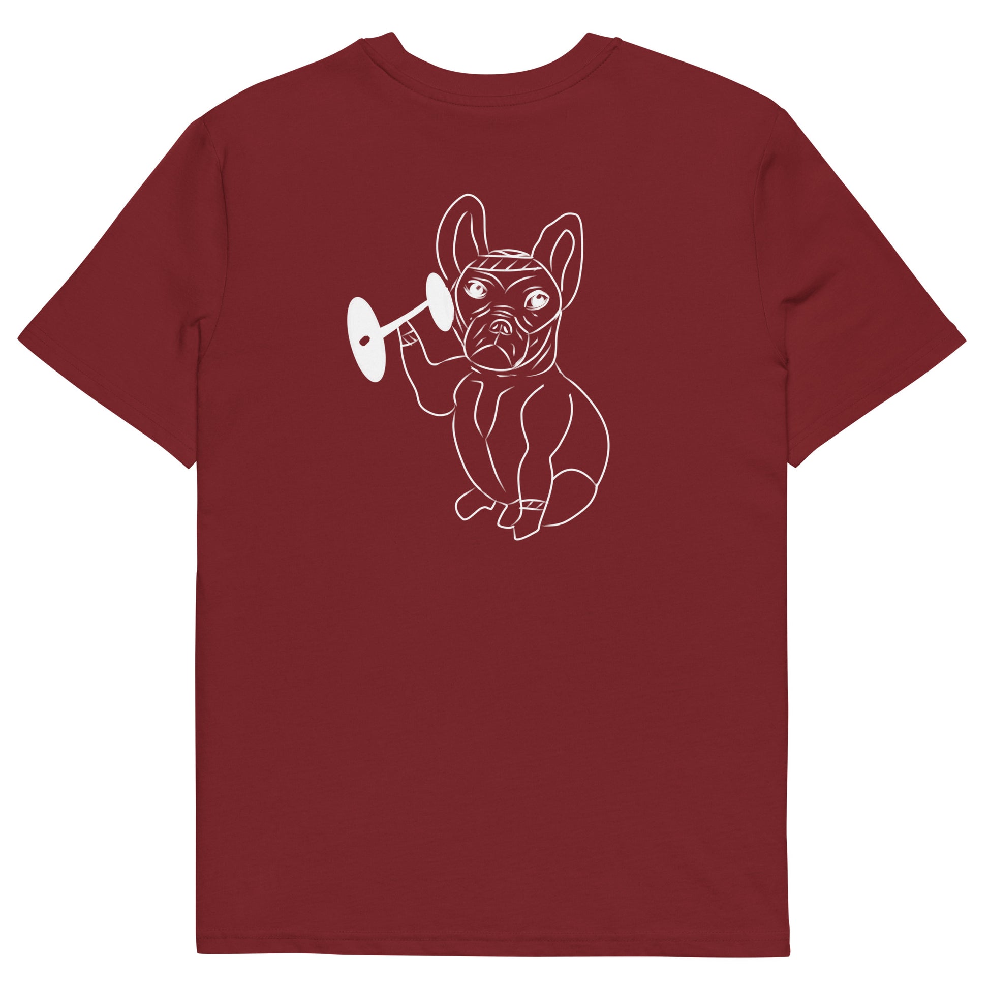 White French Bulldog Weight Lifter | 100% Organic Cotton T Shirt in burgundy back view