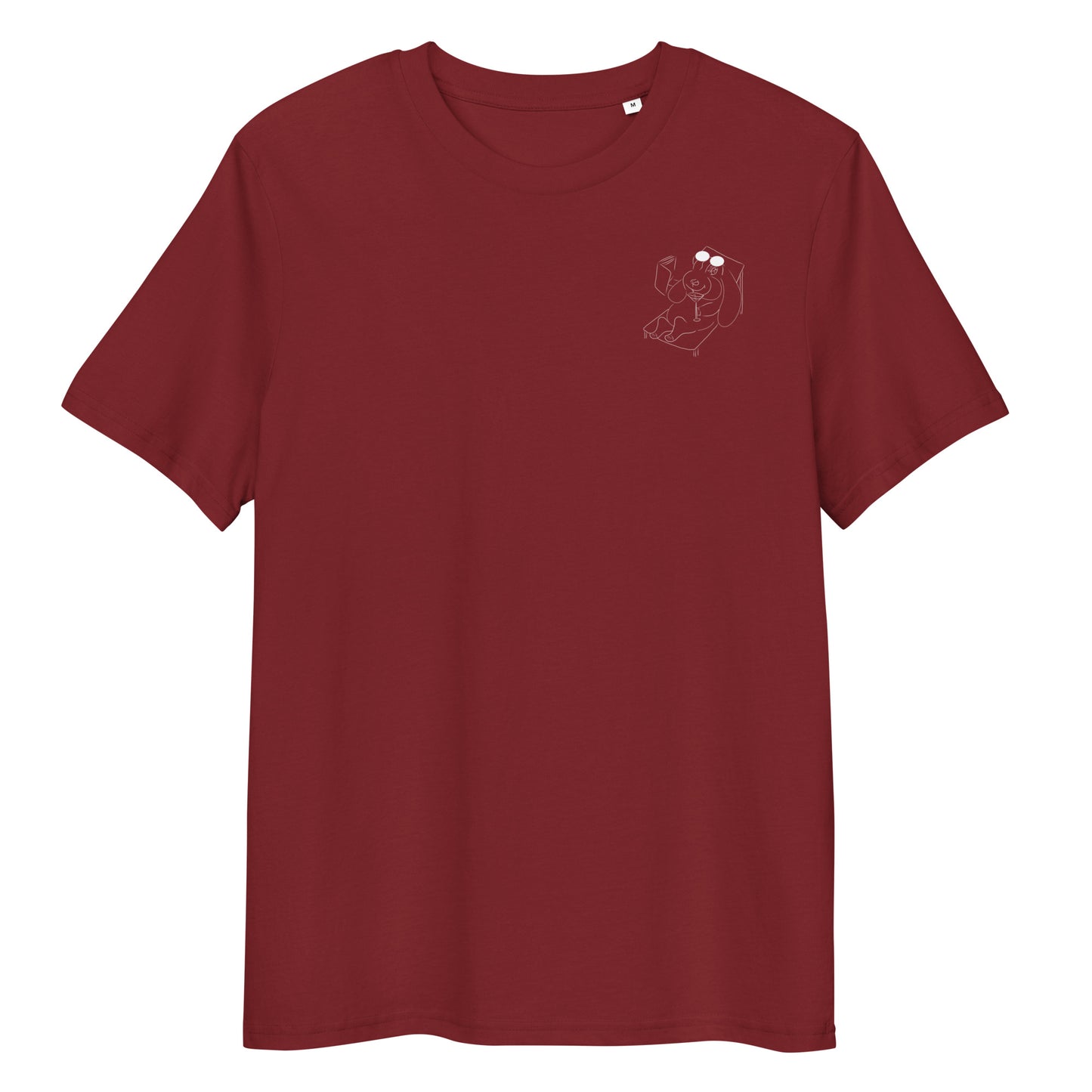 White Bunny Hop and Sip | 100% Organic Cotton T Shirt in burgundy front view