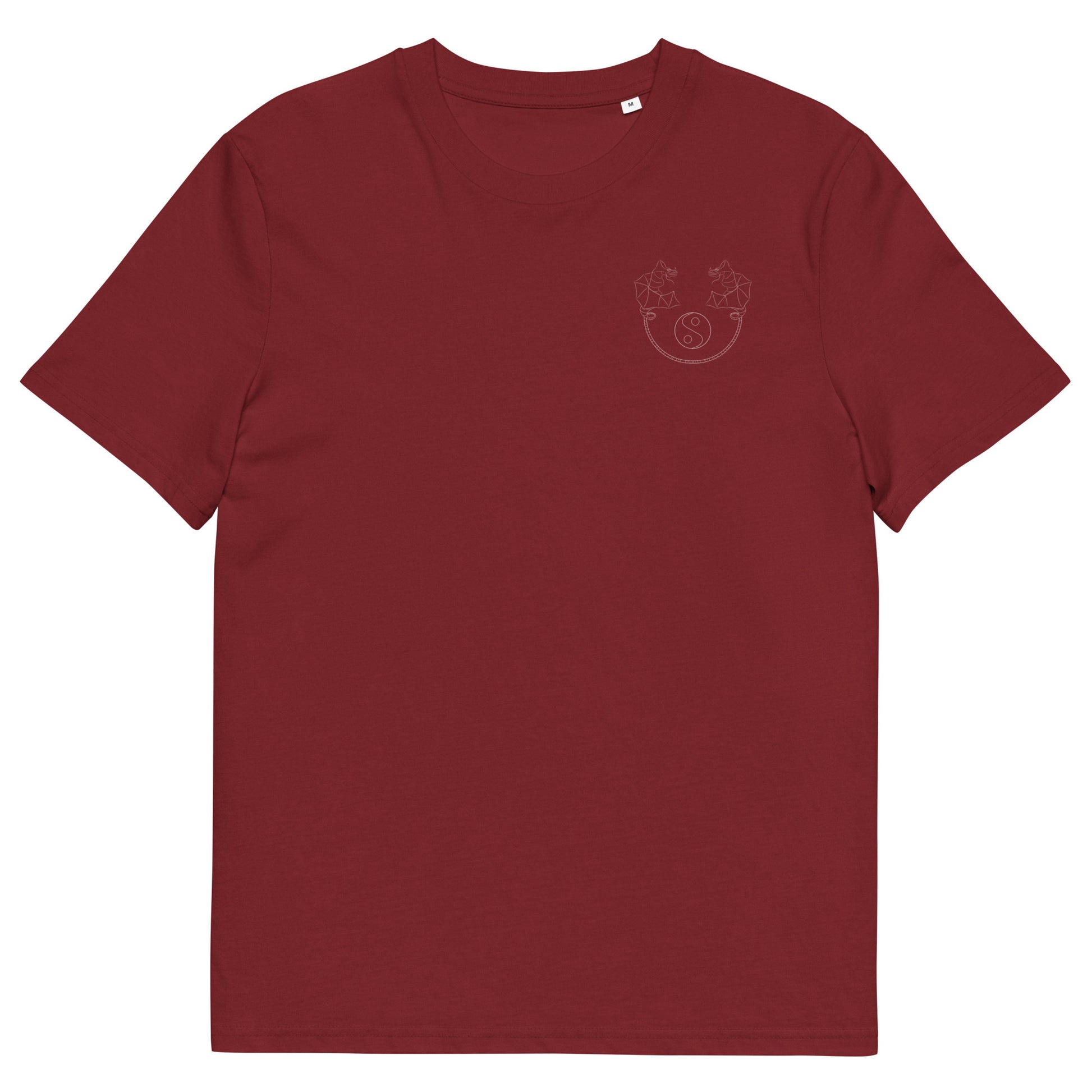 White Dragon Dance, Yin and Yang | 100% Organic Cotton T Shirt in burgundy front