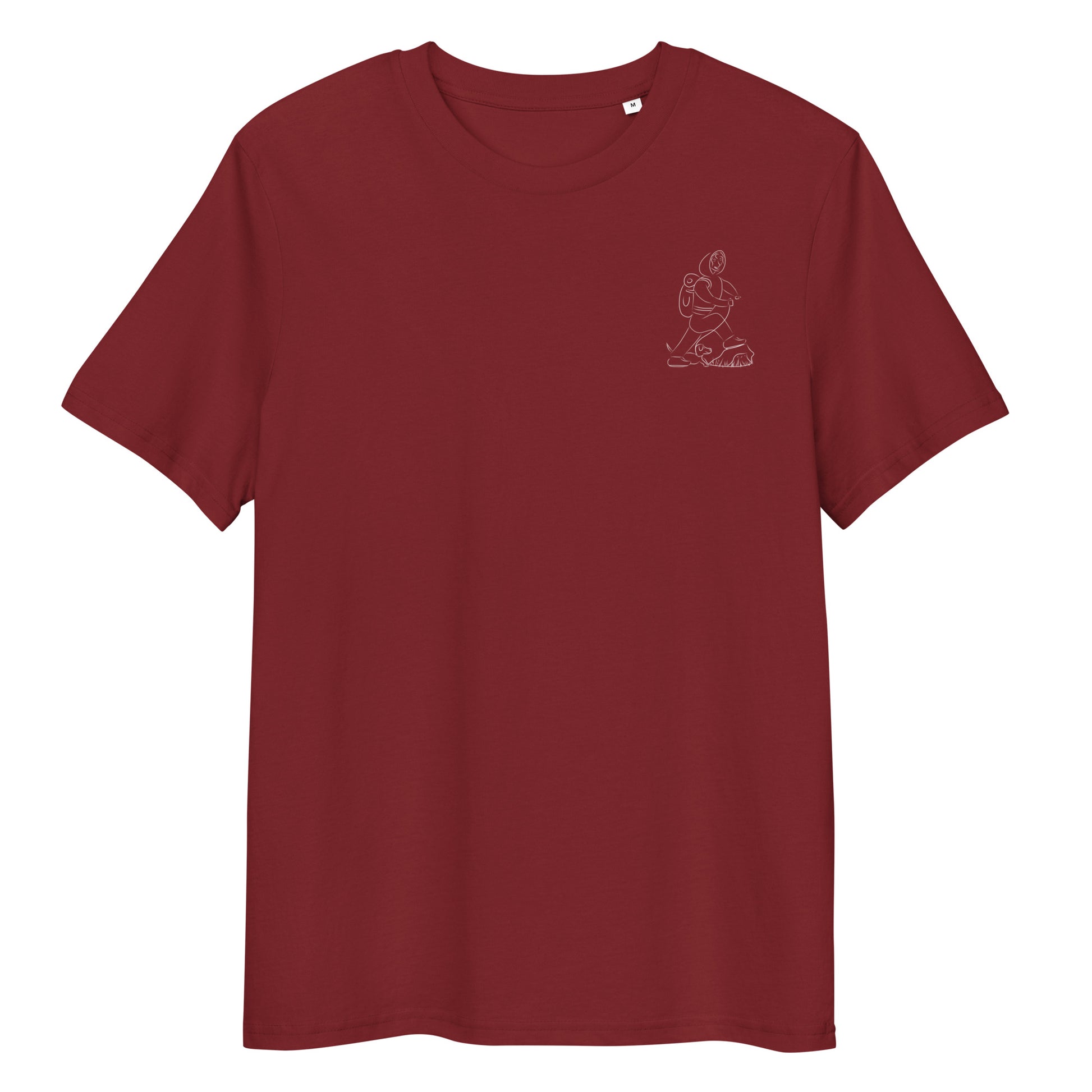 Woman and Dog Hiking White | 100% Organic Cotton T Shirt in burgundy front