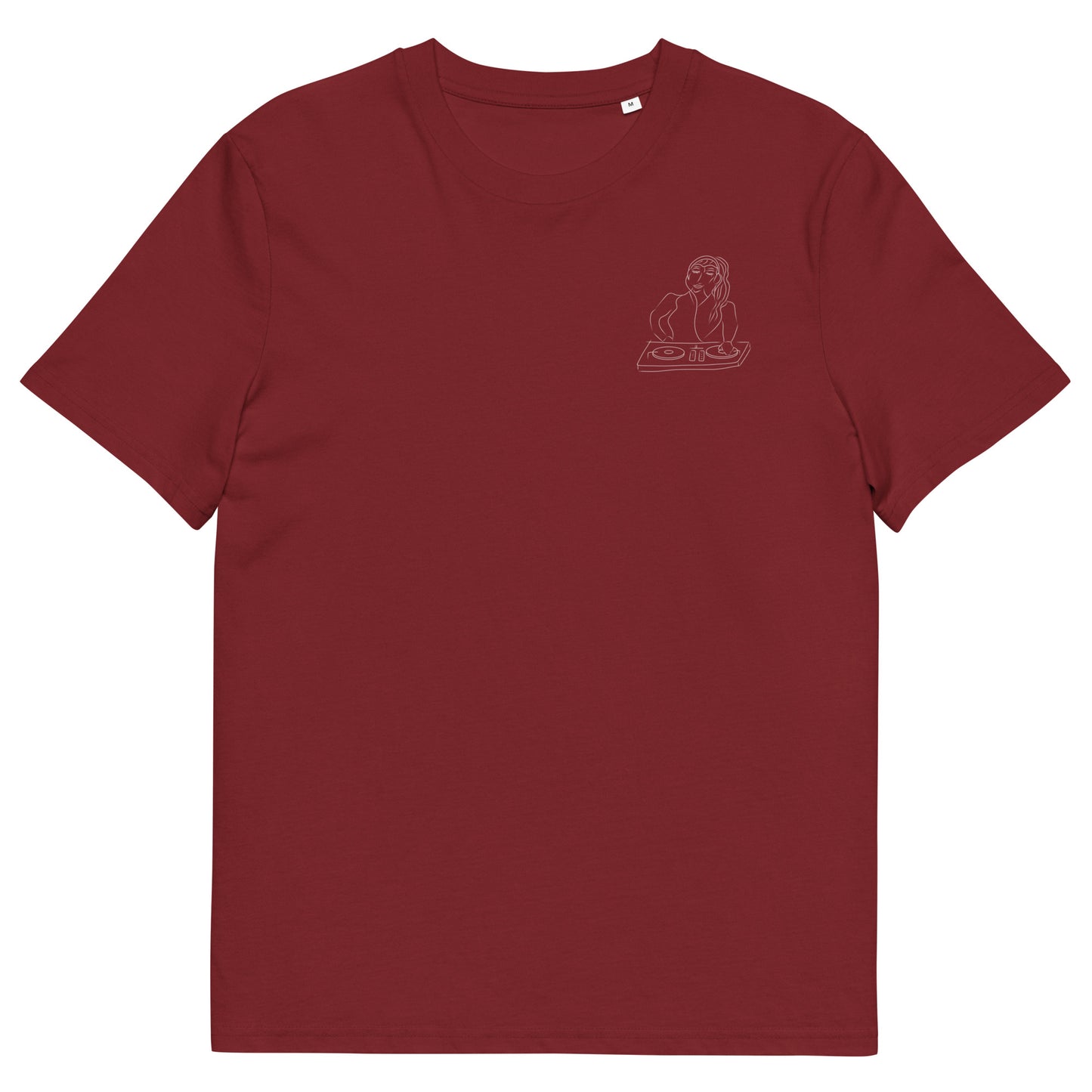 Woman DJ White | 100% Organic Cotton T Shirt in burgundy front view