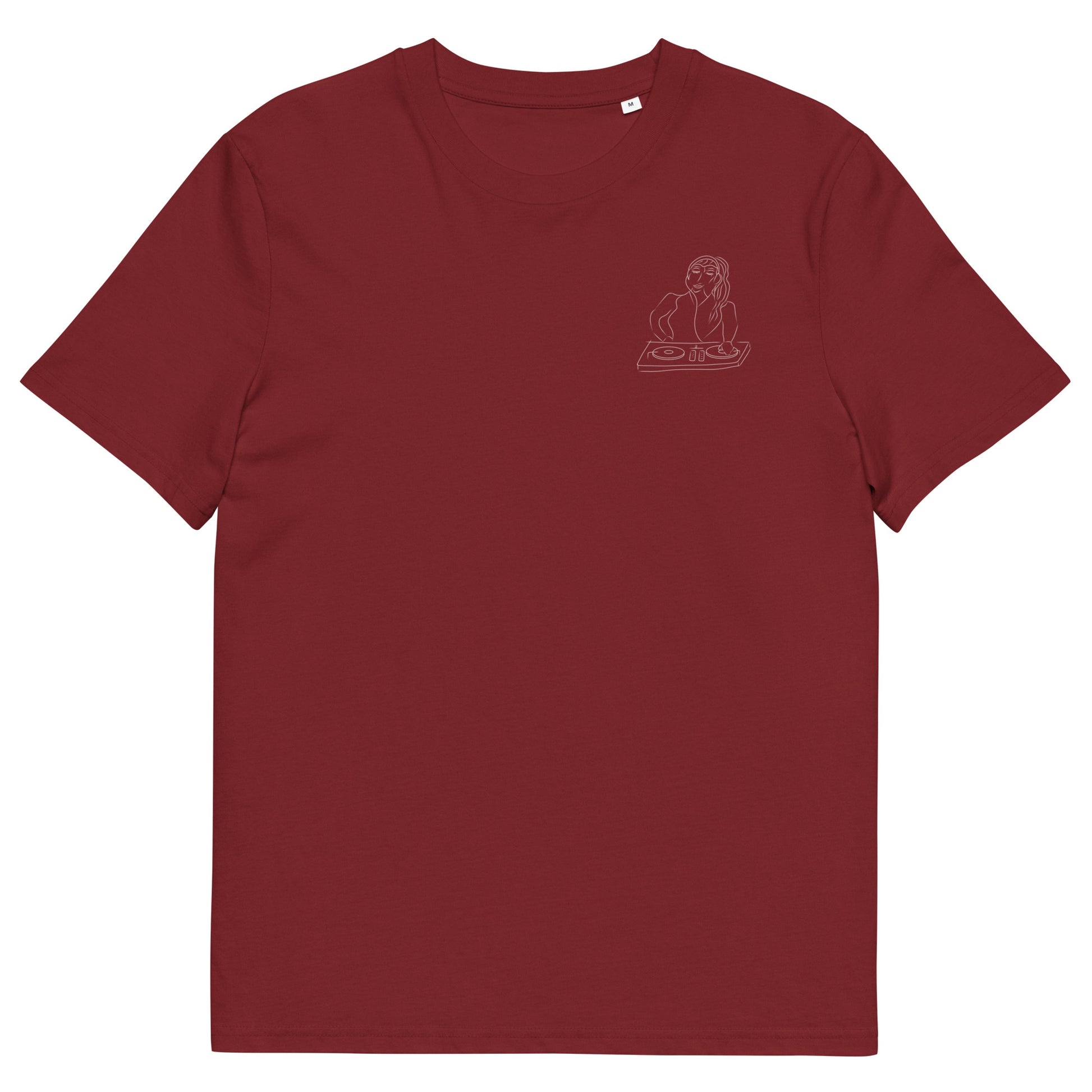 Woman DJ White | 100% Organic Cotton T Shirt in burgundy front view