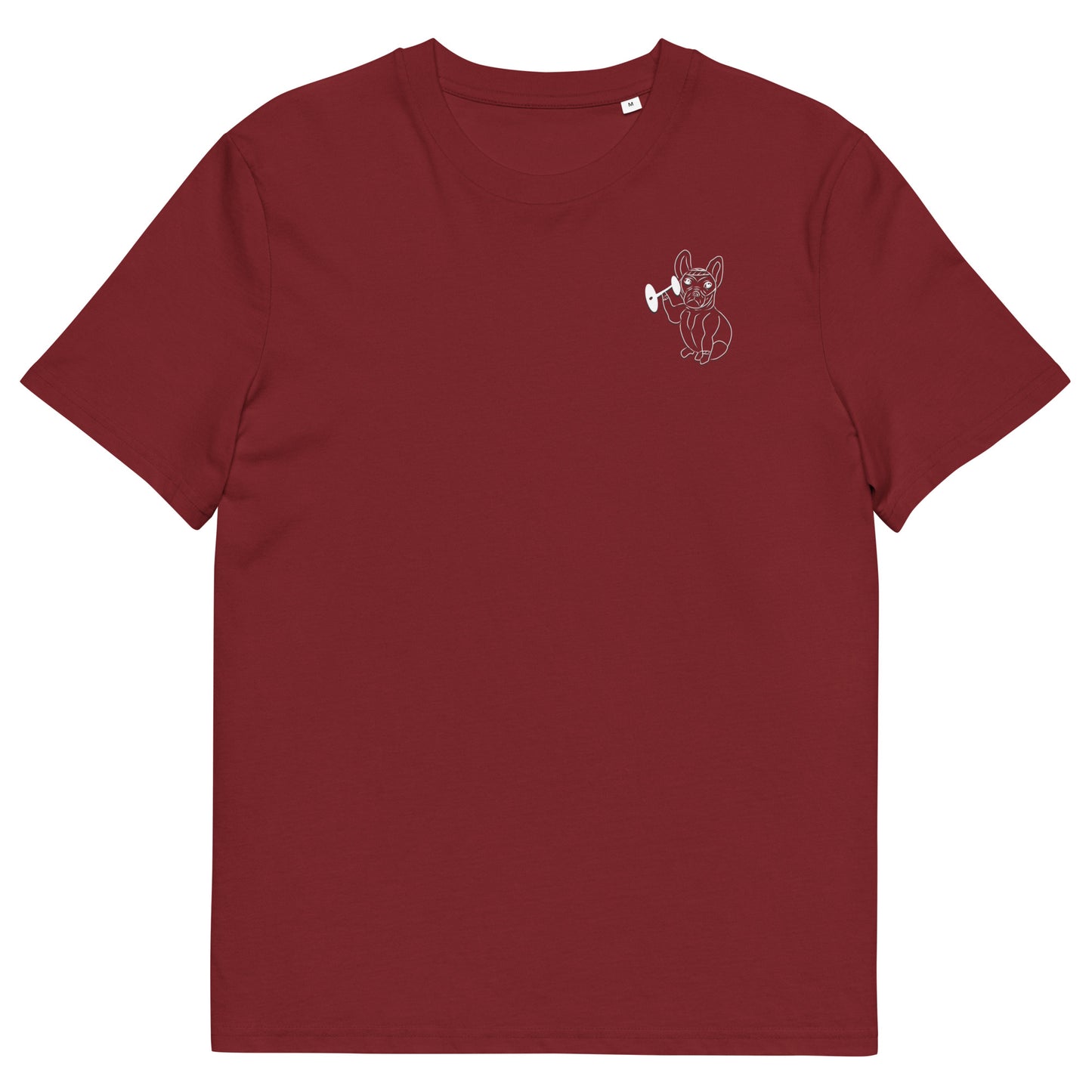 White French Bulldog Weight Lifter | 100% Organic Cotton T Shirt in burgundy front view