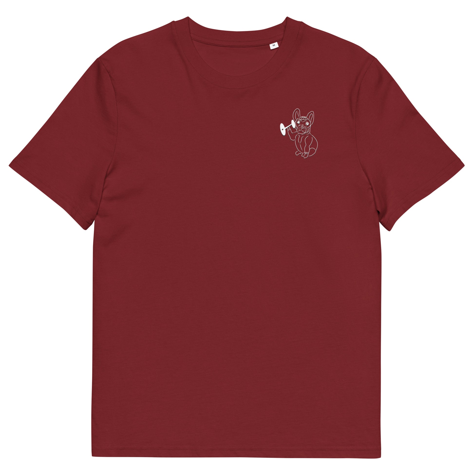 White French Bulldog Weight Lifter | 100% Organic Cotton T Shirt in burgundy front view