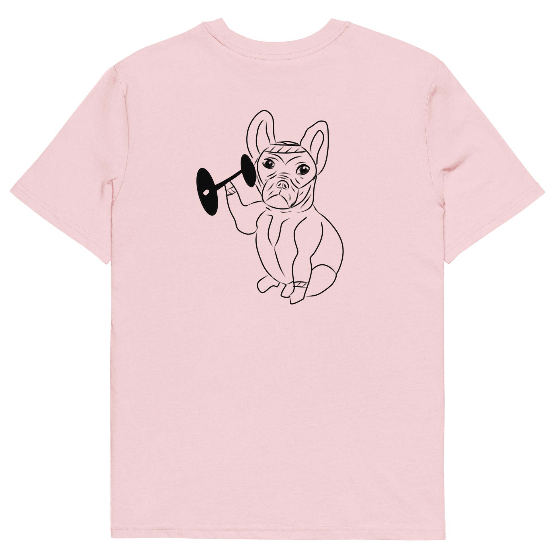 French Bulldog Weight Lifter | 100% Organic Cotton T Shirt in pink back