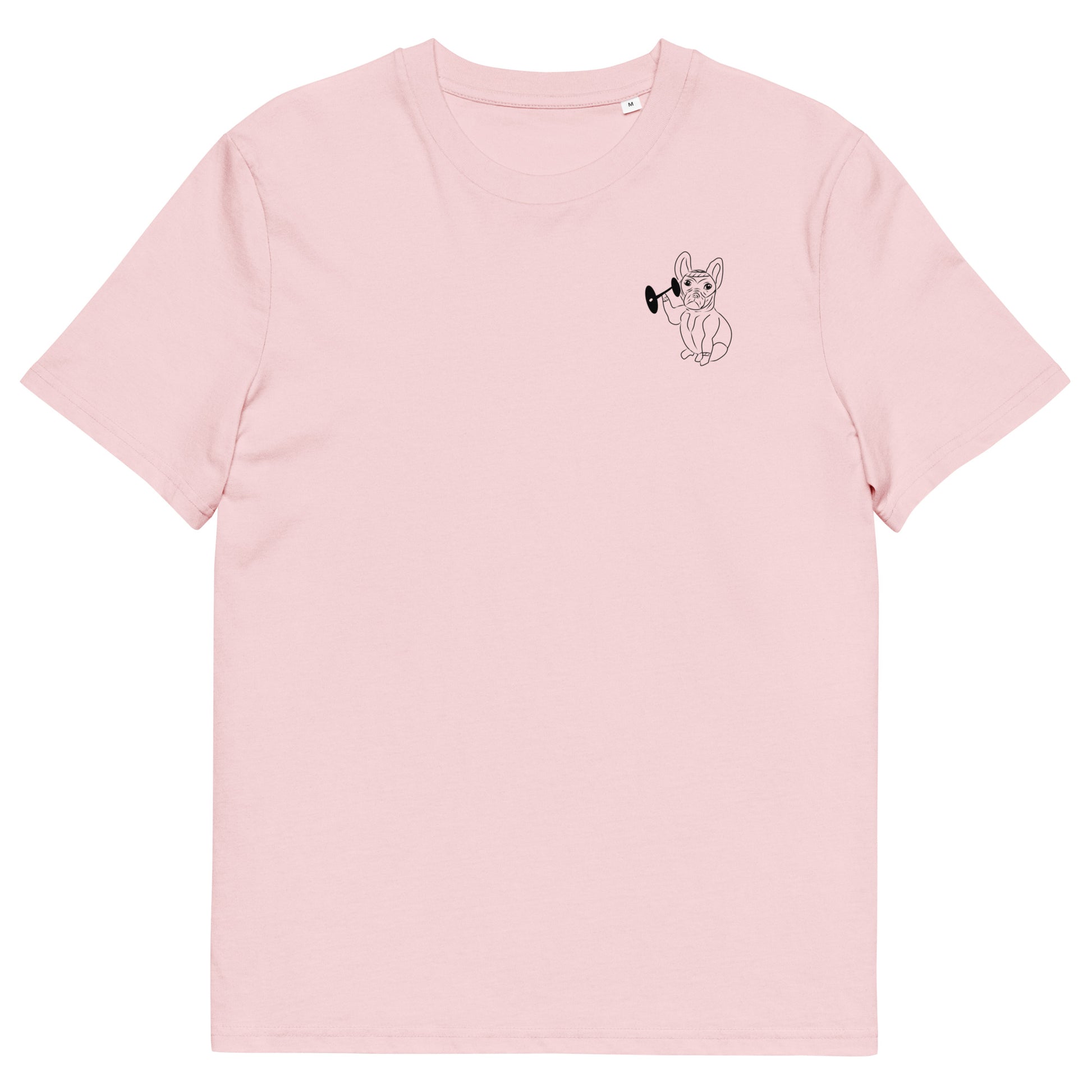 French Bulldog Weight Lifter | 100% Organic Cotton T Shirt in pink front
