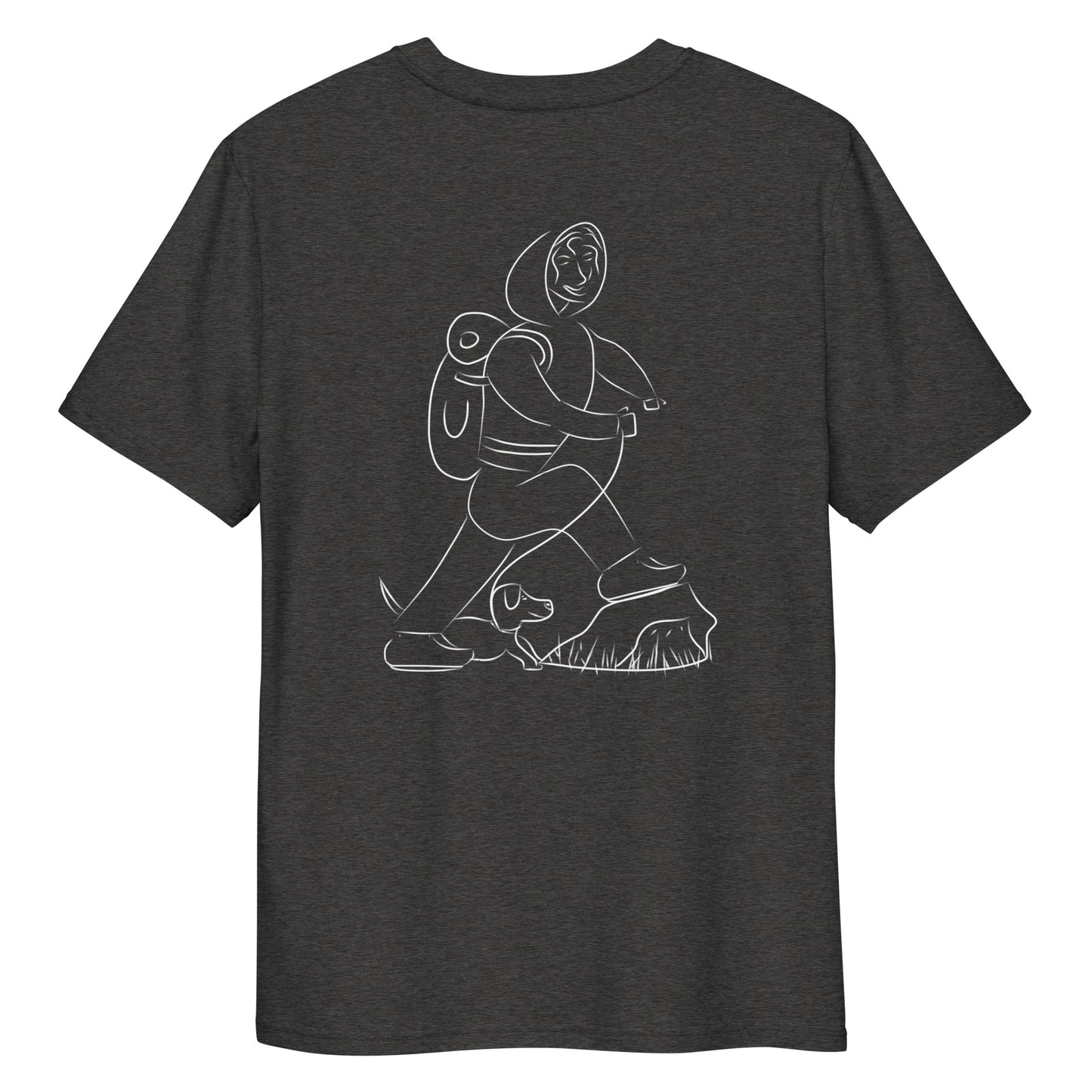 Woman and Dog Hiking White | 100% Organic Cotton T Shirt in dark heather back