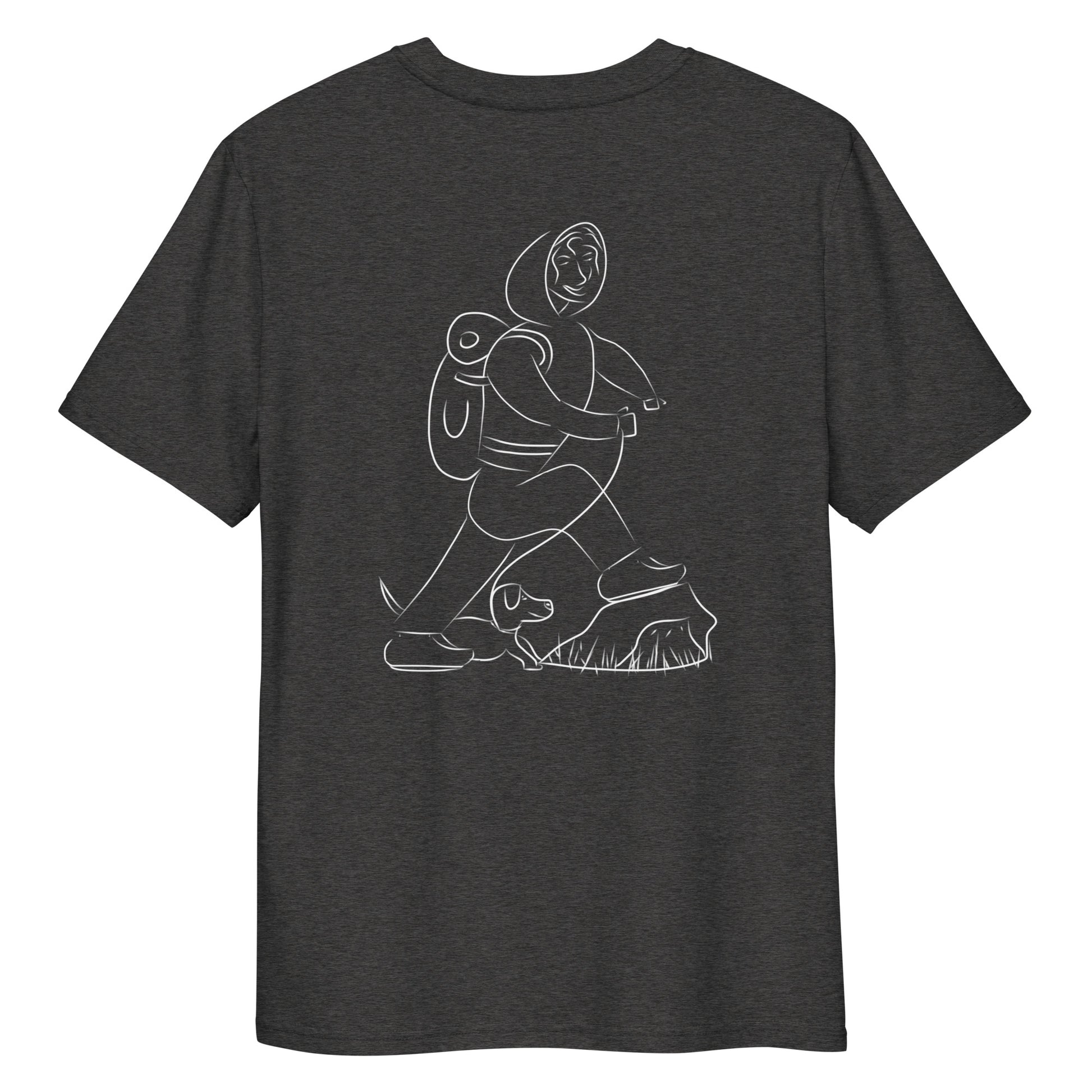 Woman and Dog Hiking White | 100% Organic Cotton T Shirt in dark heather back