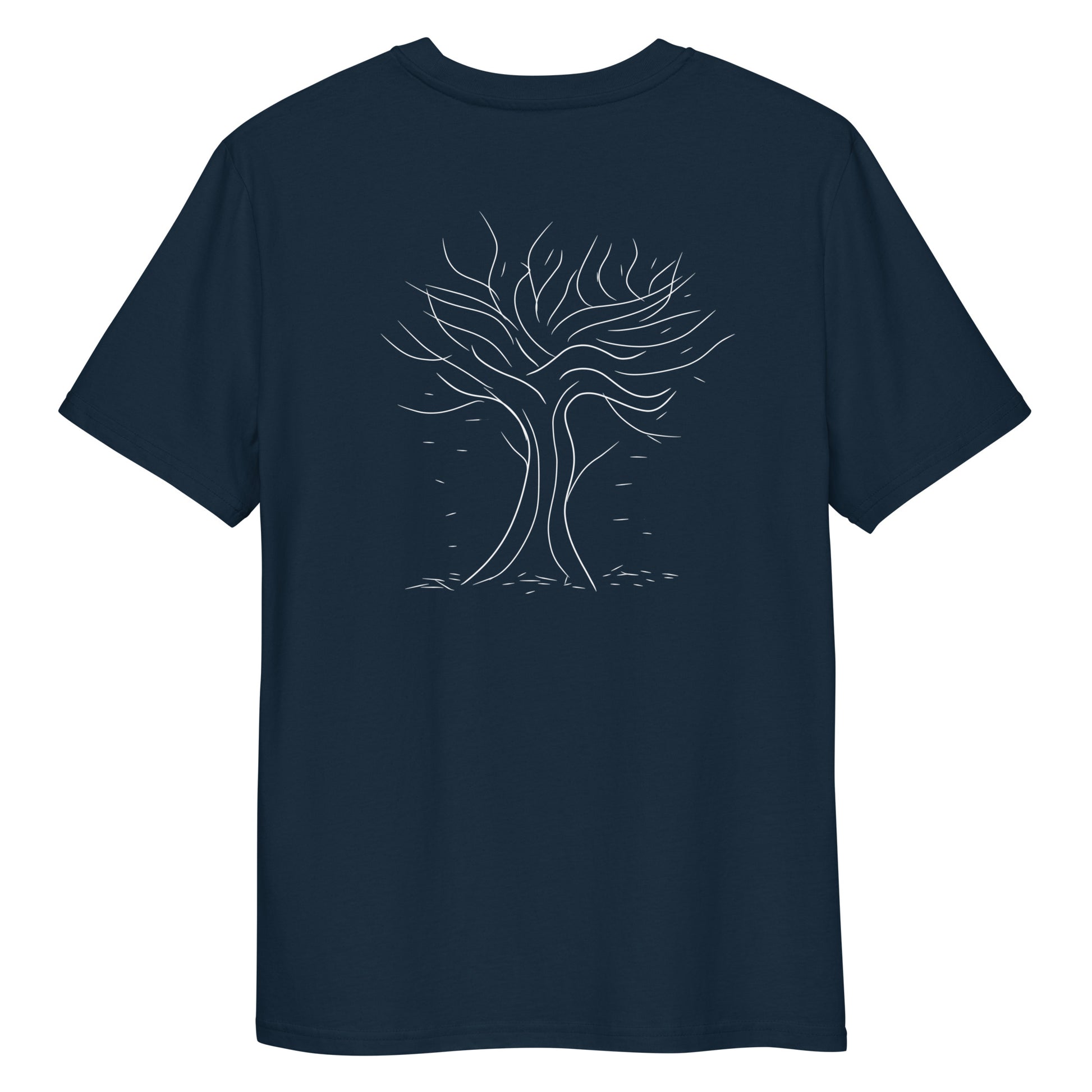 Autumn White Tree Trance | 100% Organic Cotton T Shirt in navy back