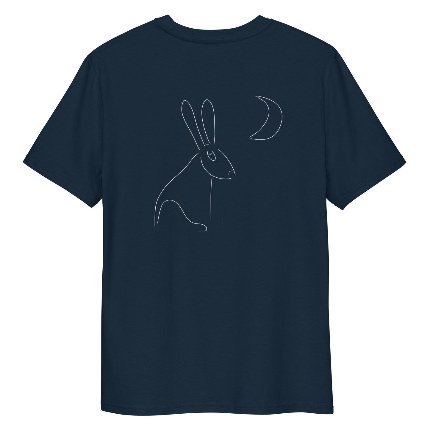 White Hare Stares at Moon | 100% Organic Cotton T Shirt in navy back