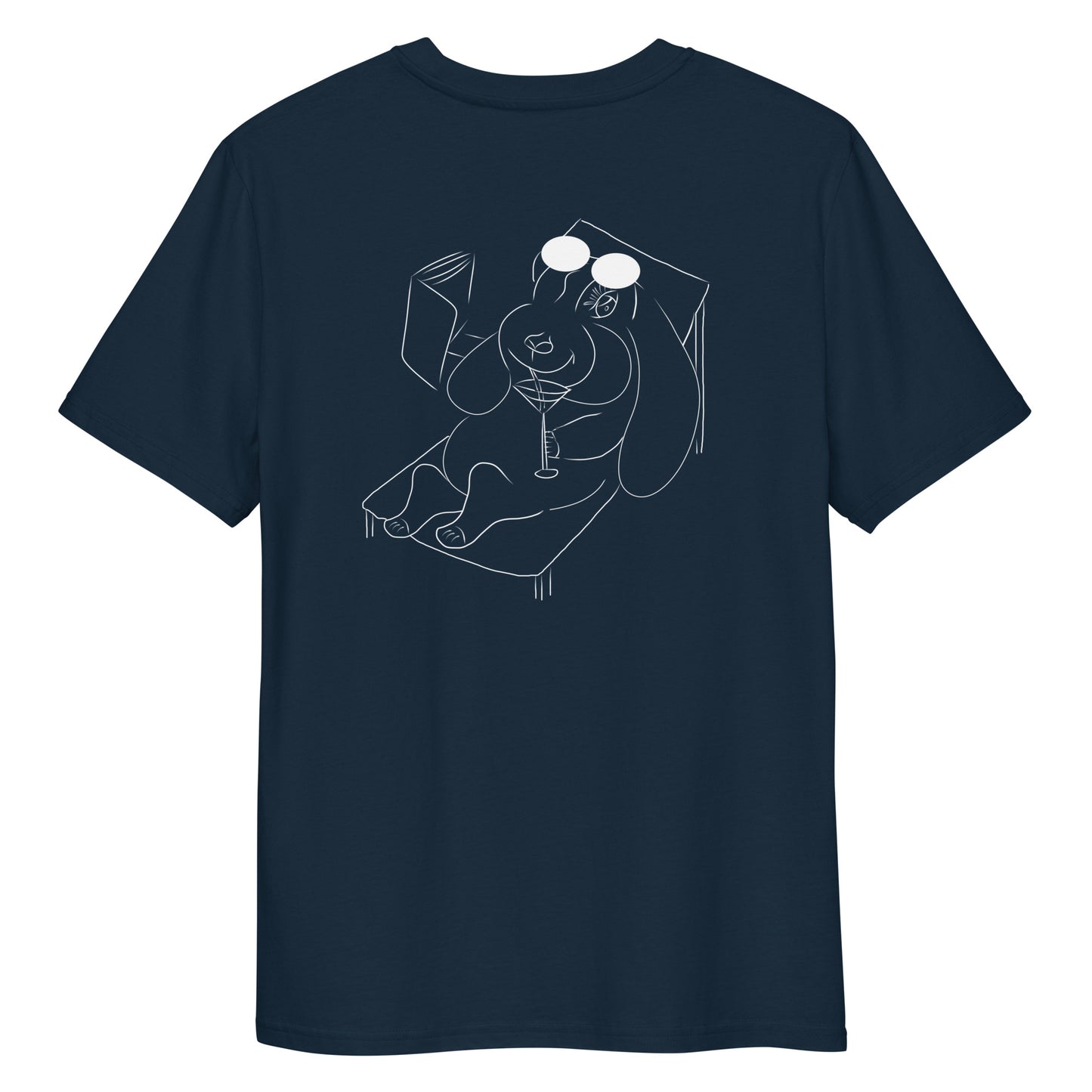 White Bunny Hop and Sip | 100% Organic Cotton T Shirt in navy back view
