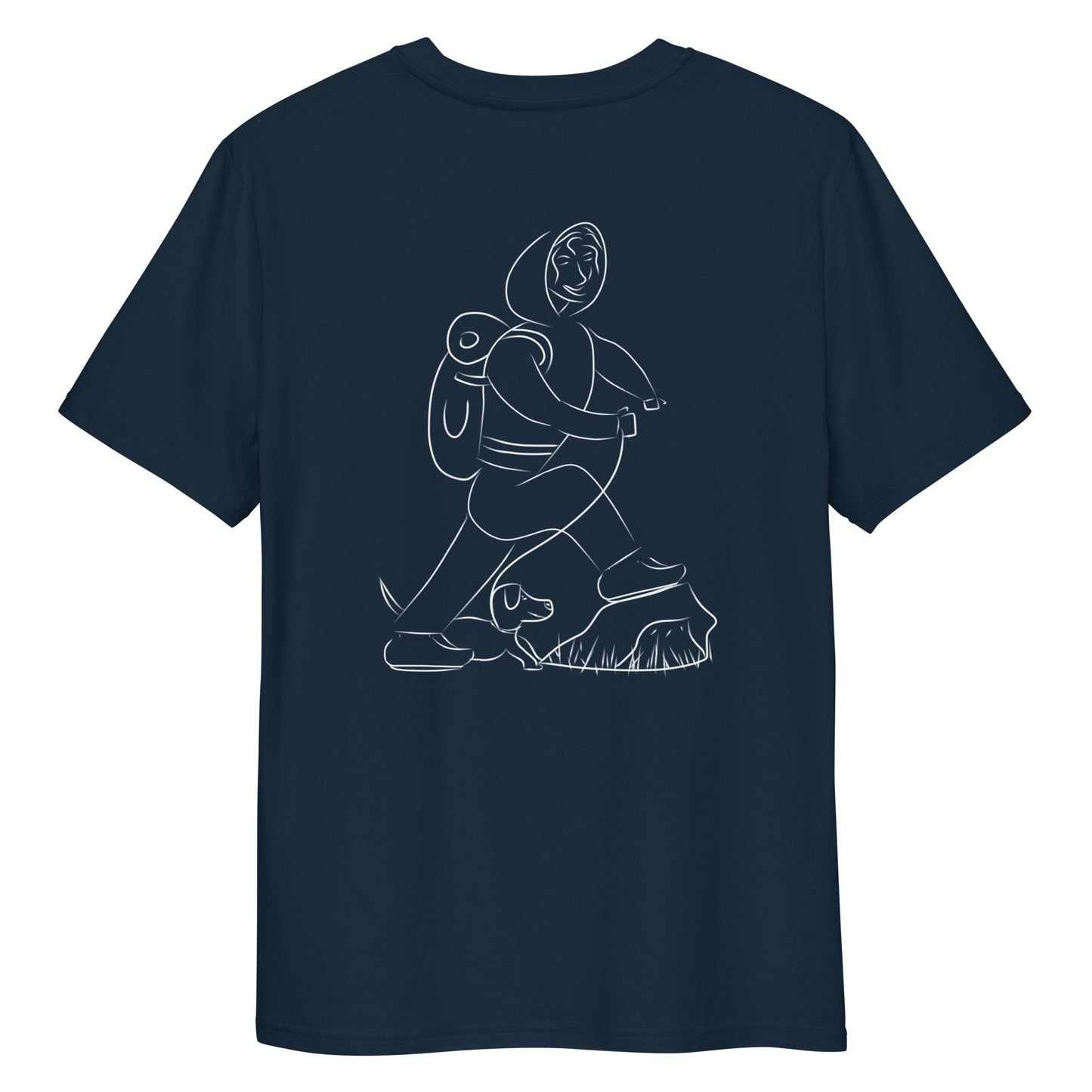 Woman and Dog Hiking White | 100% Organic Cotton T Shirt in navy back