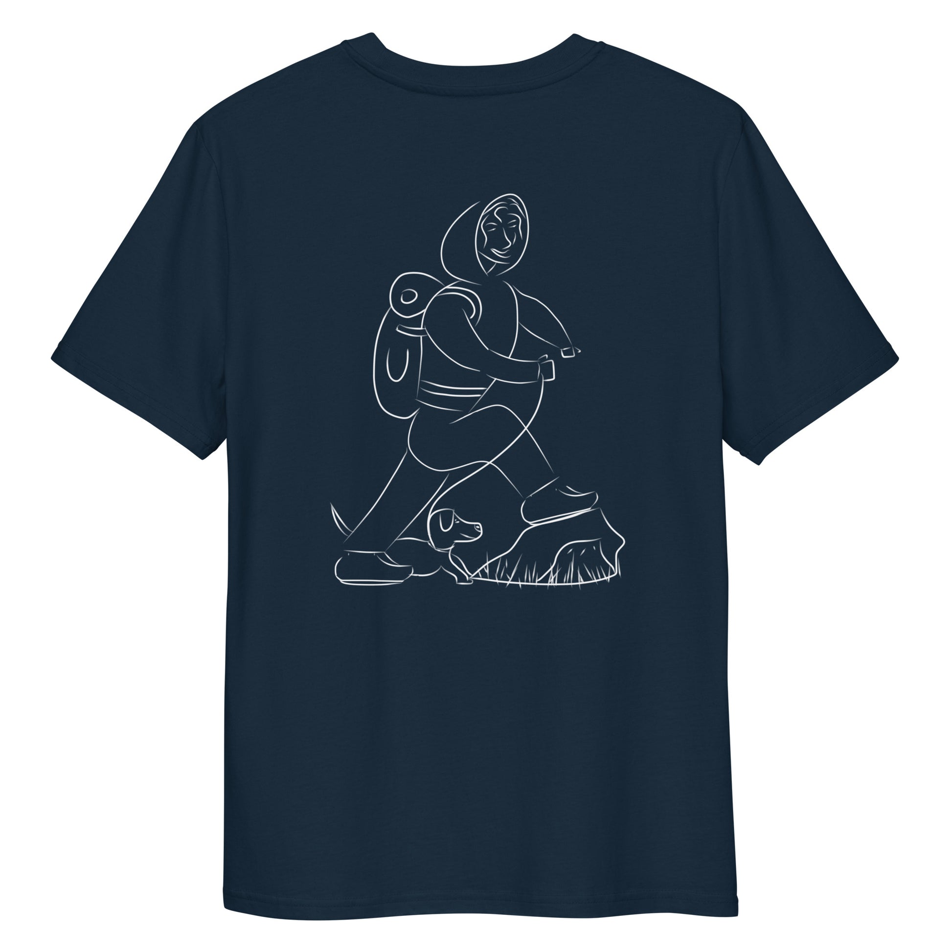 Woman and Dog Hiking White | 100% Organic Cotton T Shirt in navy back