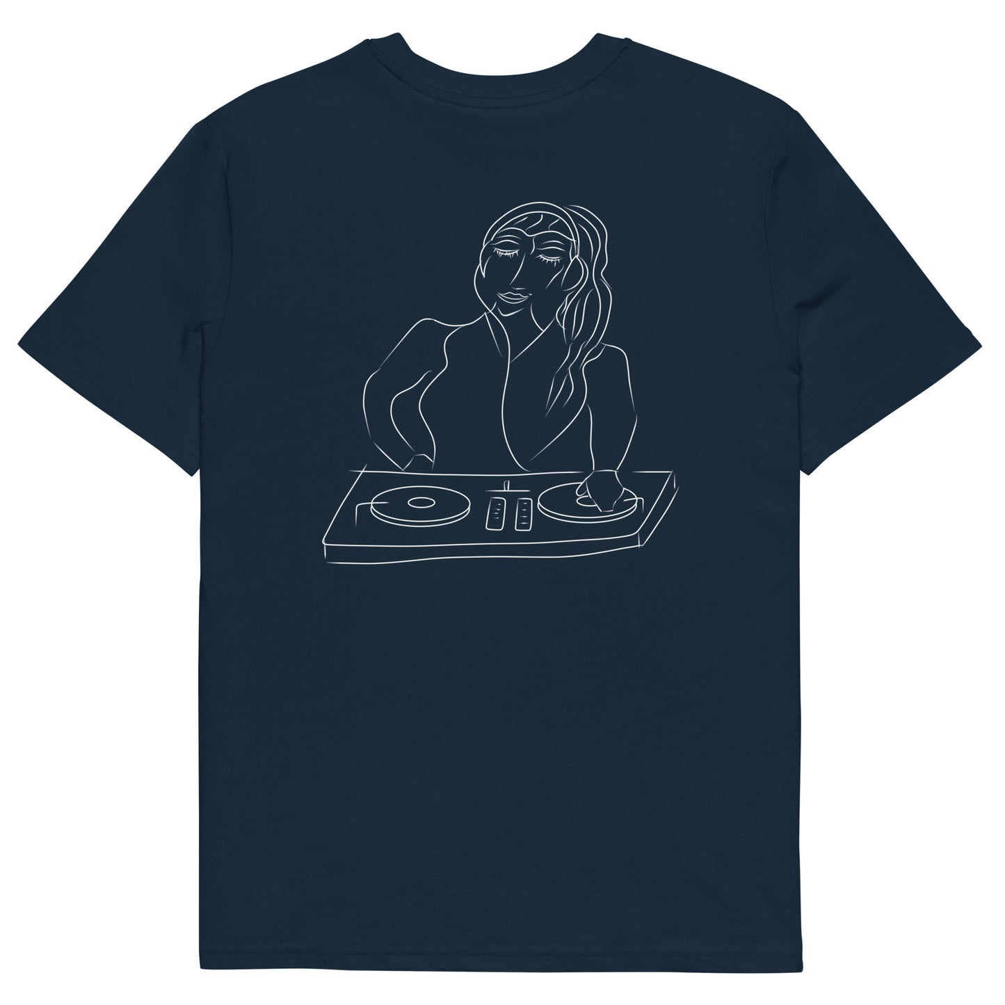 Woman DJ White | 100% Organic Cotton T Shirt in navy back view