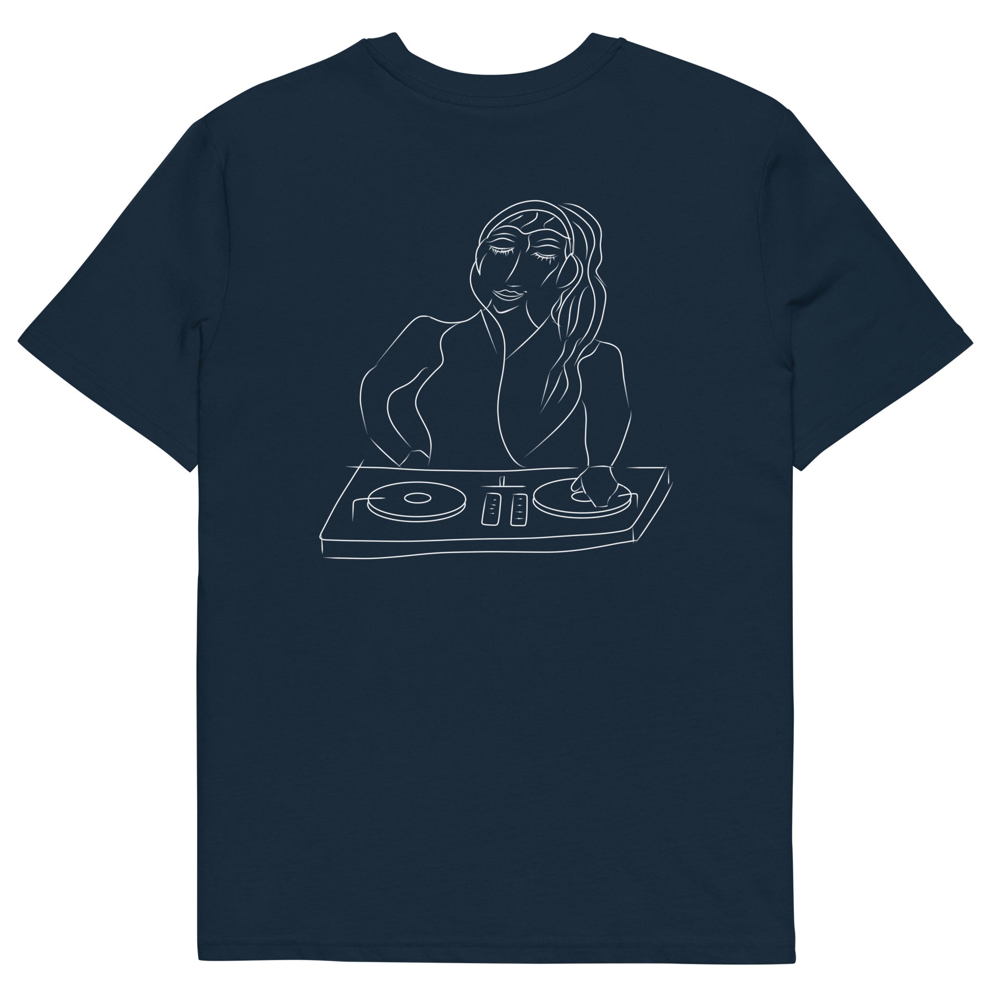 Woman DJ White | 100% Organic Cotton T Shirt in navy back view