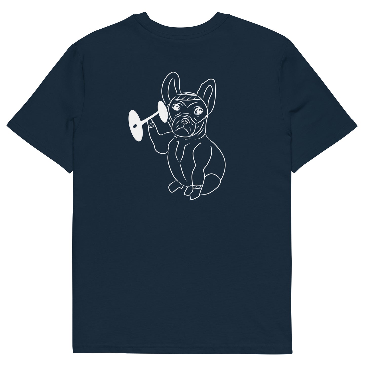 White French Bulldog Weight Lifter | 100% Organic Cotton T Shirt in navy back view