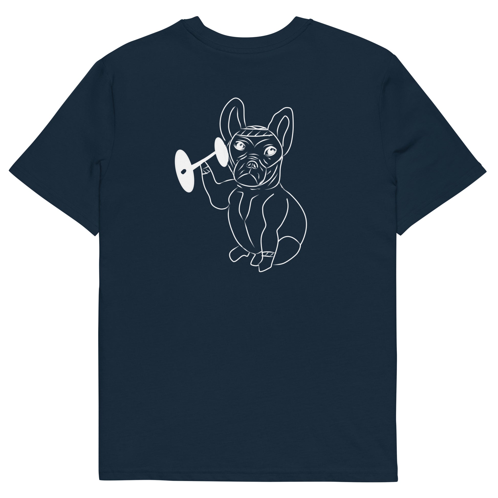 White French Bulldog Weight Lifter | 100% Organic Cotton T Shirt in navy back view