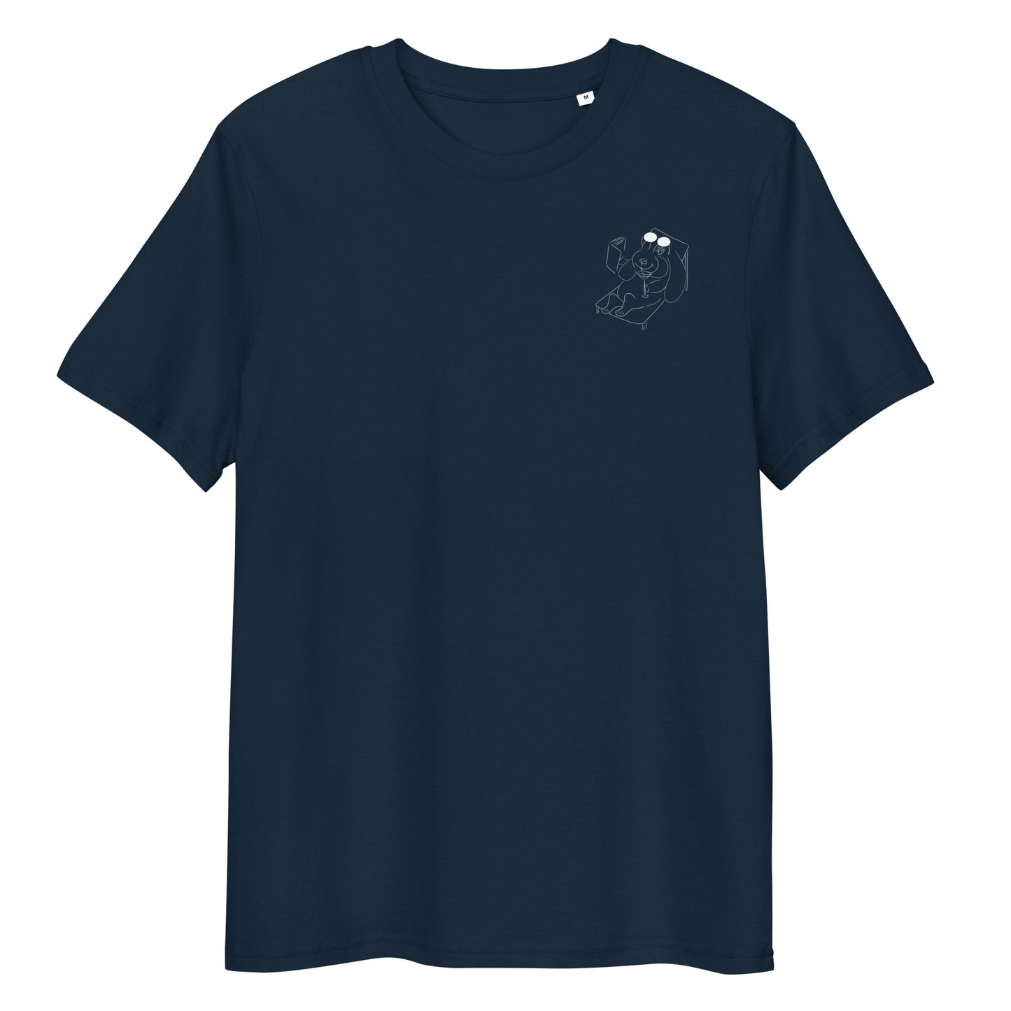 White Bunny Hop and Sip | 100% Organic Cotton T Shirt in navy front view