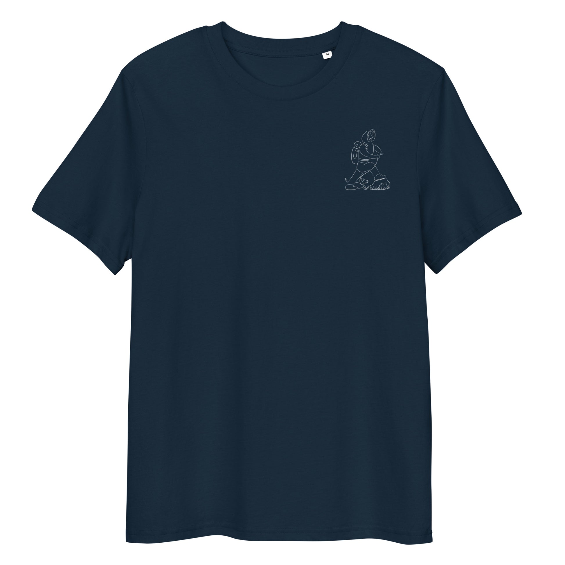 Woman and Dog Hiking White | 100% Organic Cotton T Shirt in navy