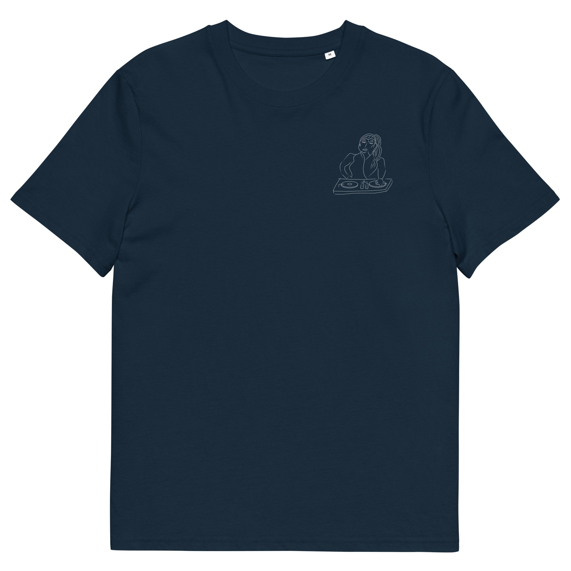 Woman DJ White | 100% Organic Cotton T Shirt in navy front view