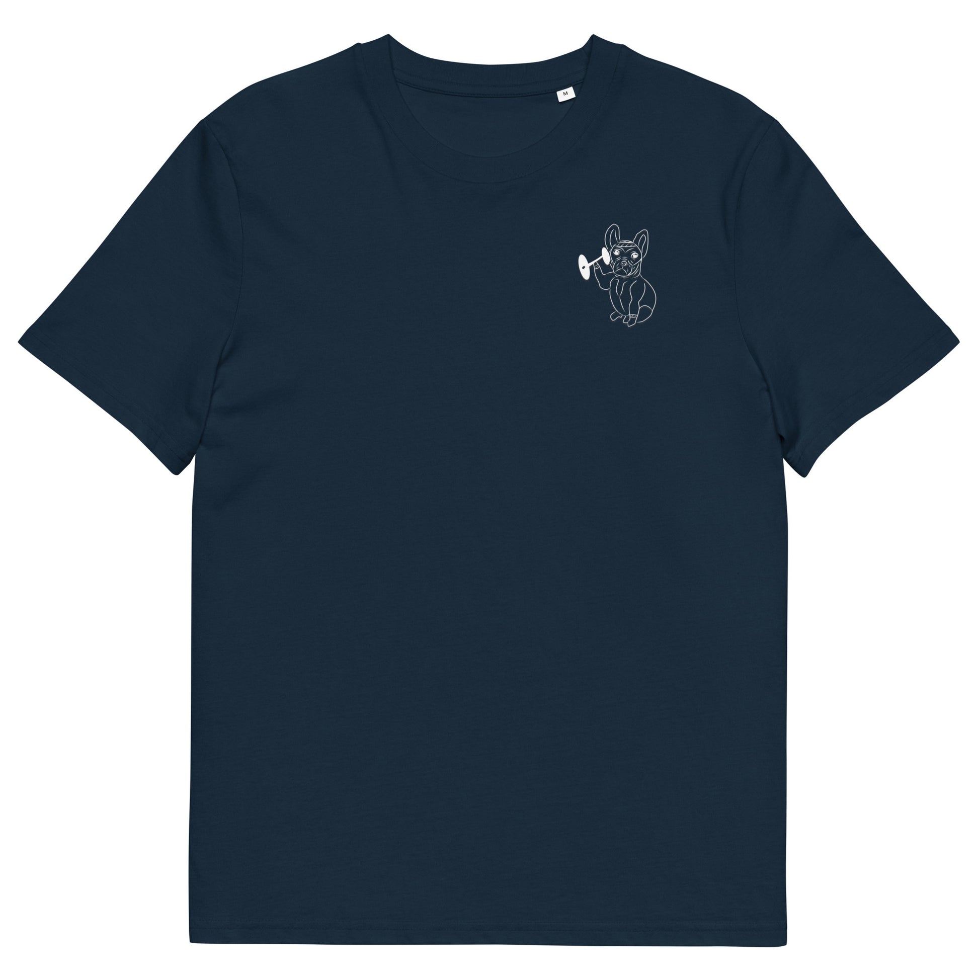 White French Bulldog Weight Lifter | 100% Organic Cotton T Shirt in navy front view